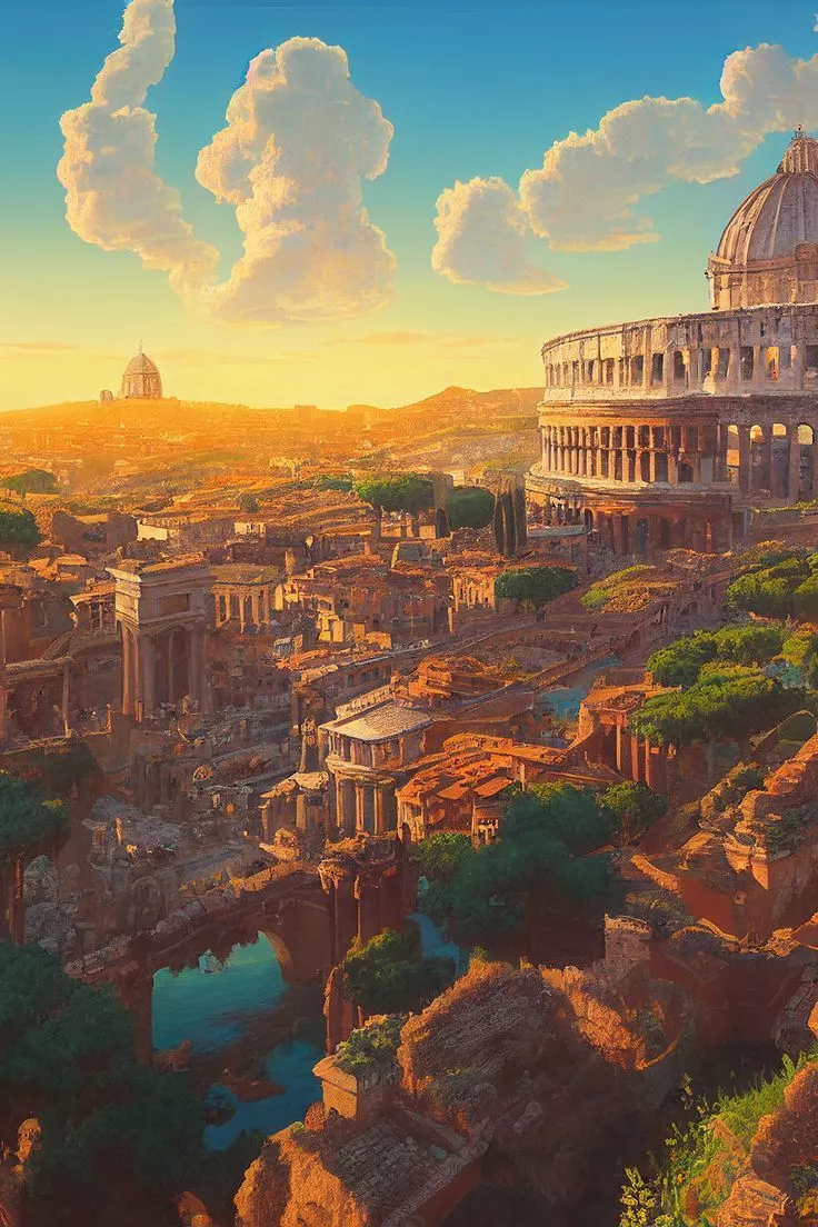 Ancient Rome City in Sunset