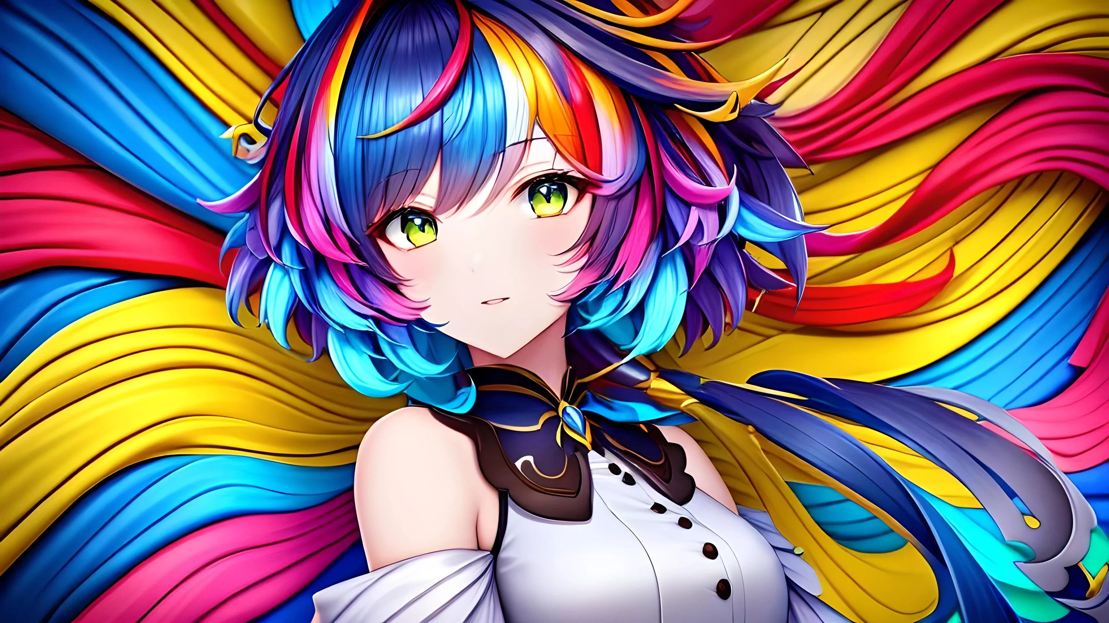 anime girl, colorful hair, green eyes, charming hair, perfect face, sweet smile 4K HD Anime Girl Wallpaper
