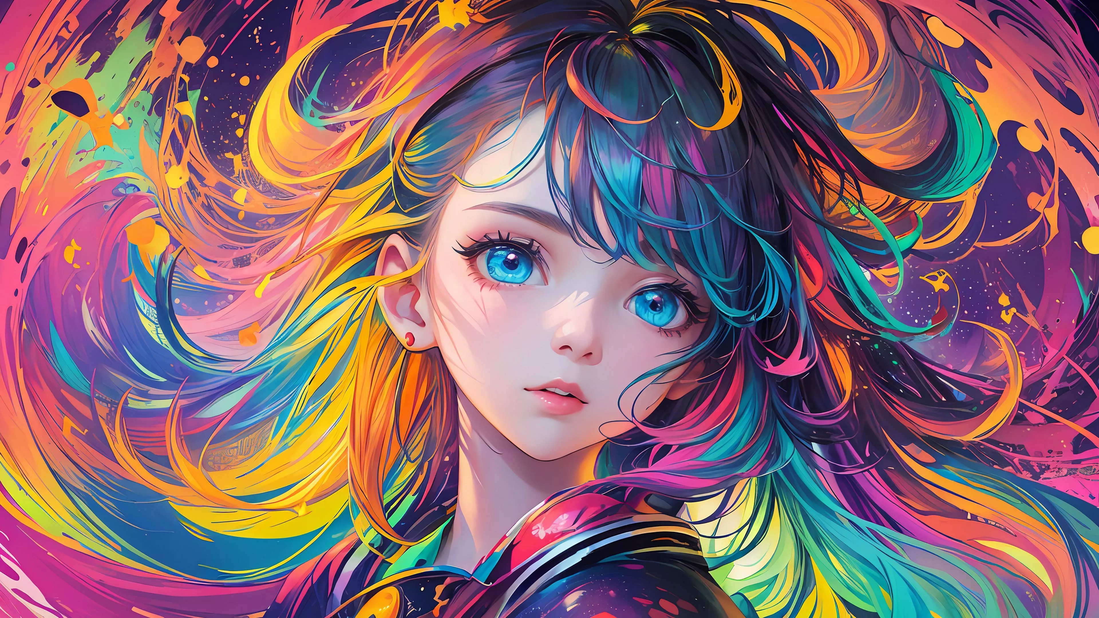 Download wallpaper 3840x2160 girl, hair, paint, colorful, bright, anime 4k uhd 16:9 HD background