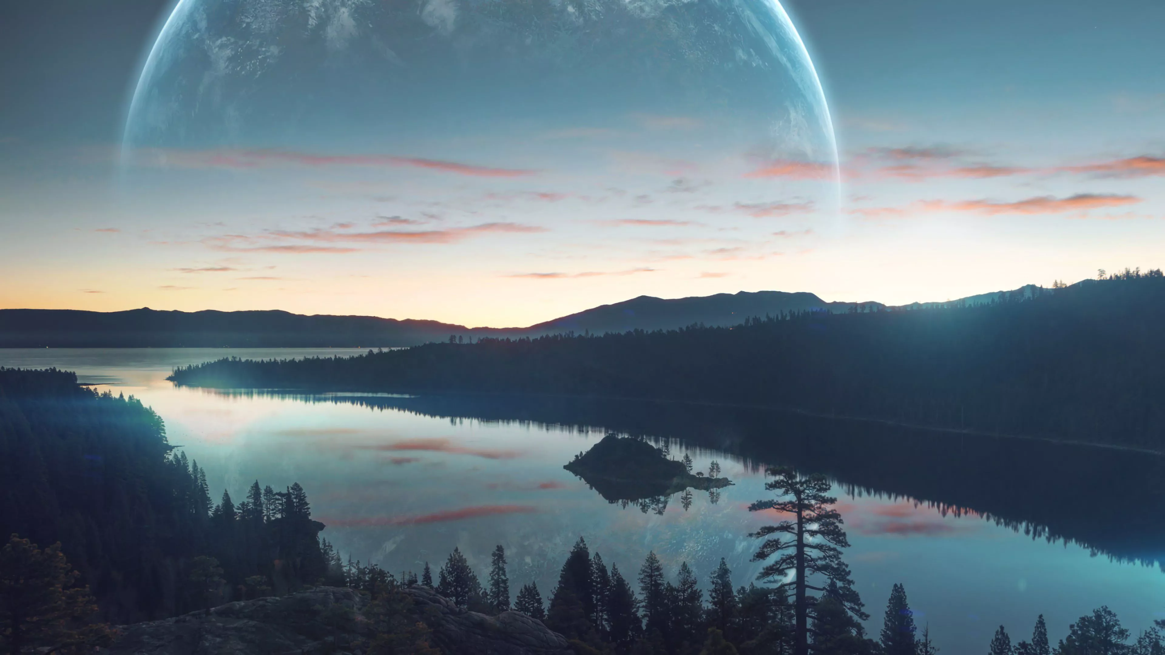 Landscape Nature Forest Scenery Moon 4K