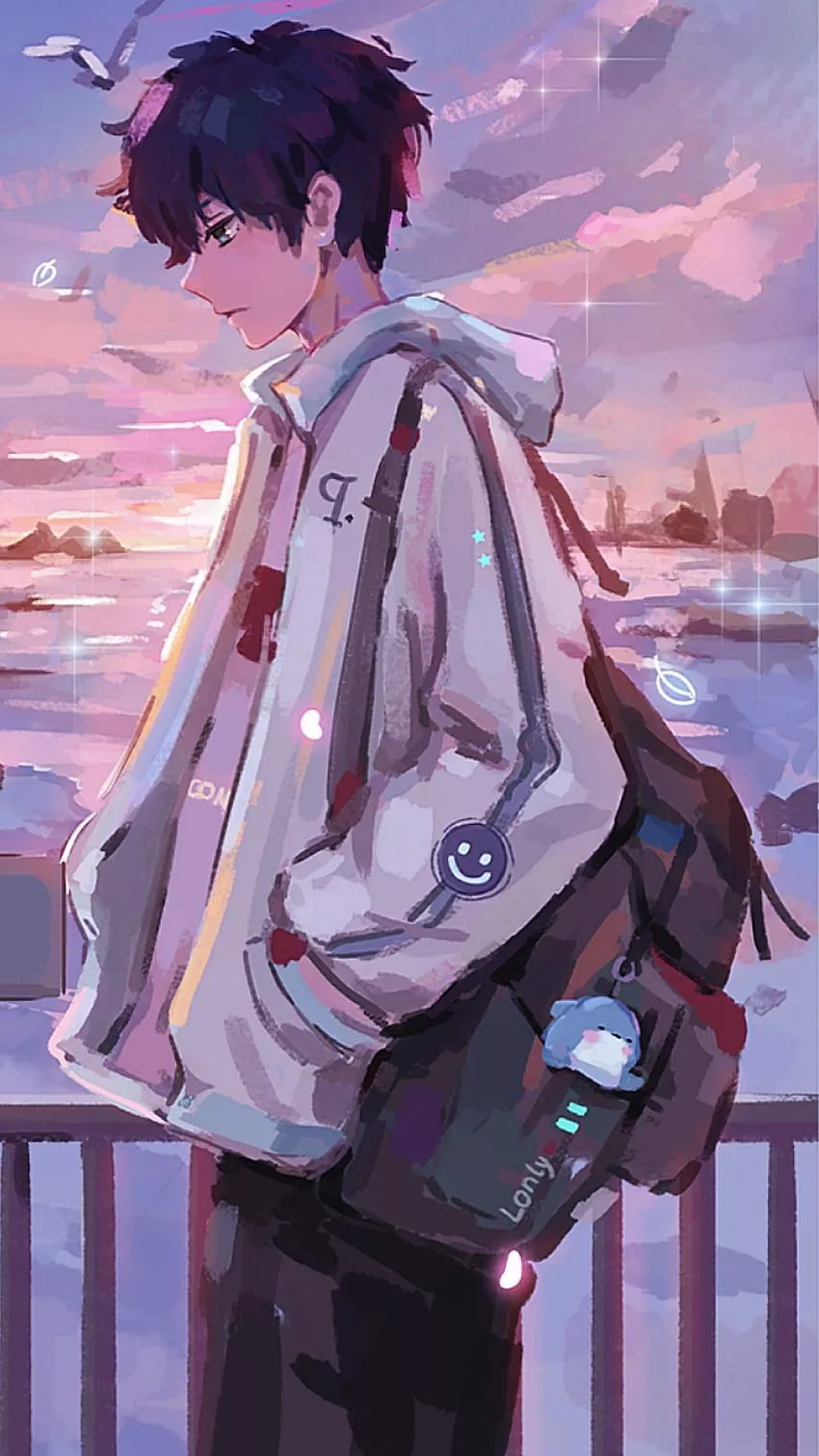Anime boy, head, hoodie, bird, bag