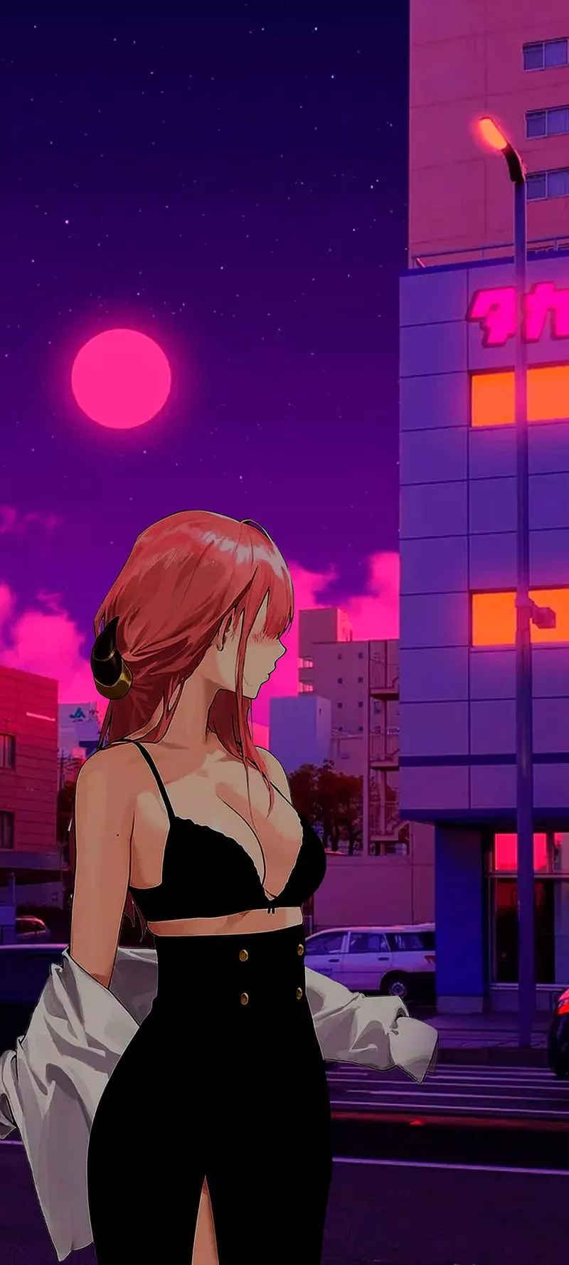 Vaporwave anime girl, sky, magenta