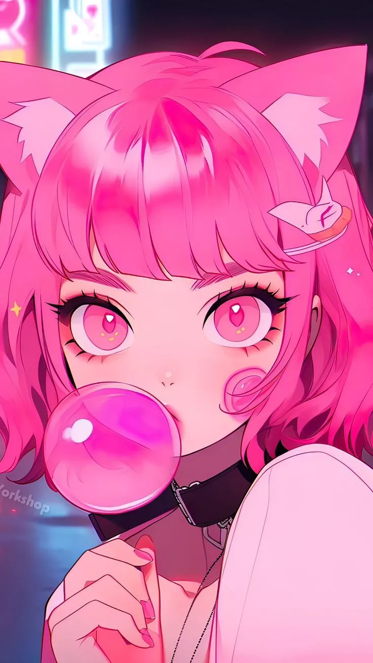 Wallpaper girl, bubble gum, cat ears