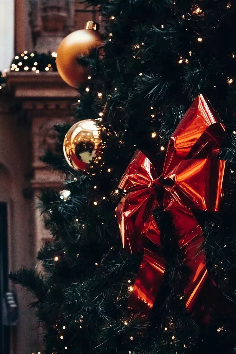 Green christmas tree with red and gold baubles, HD phone wallpaper