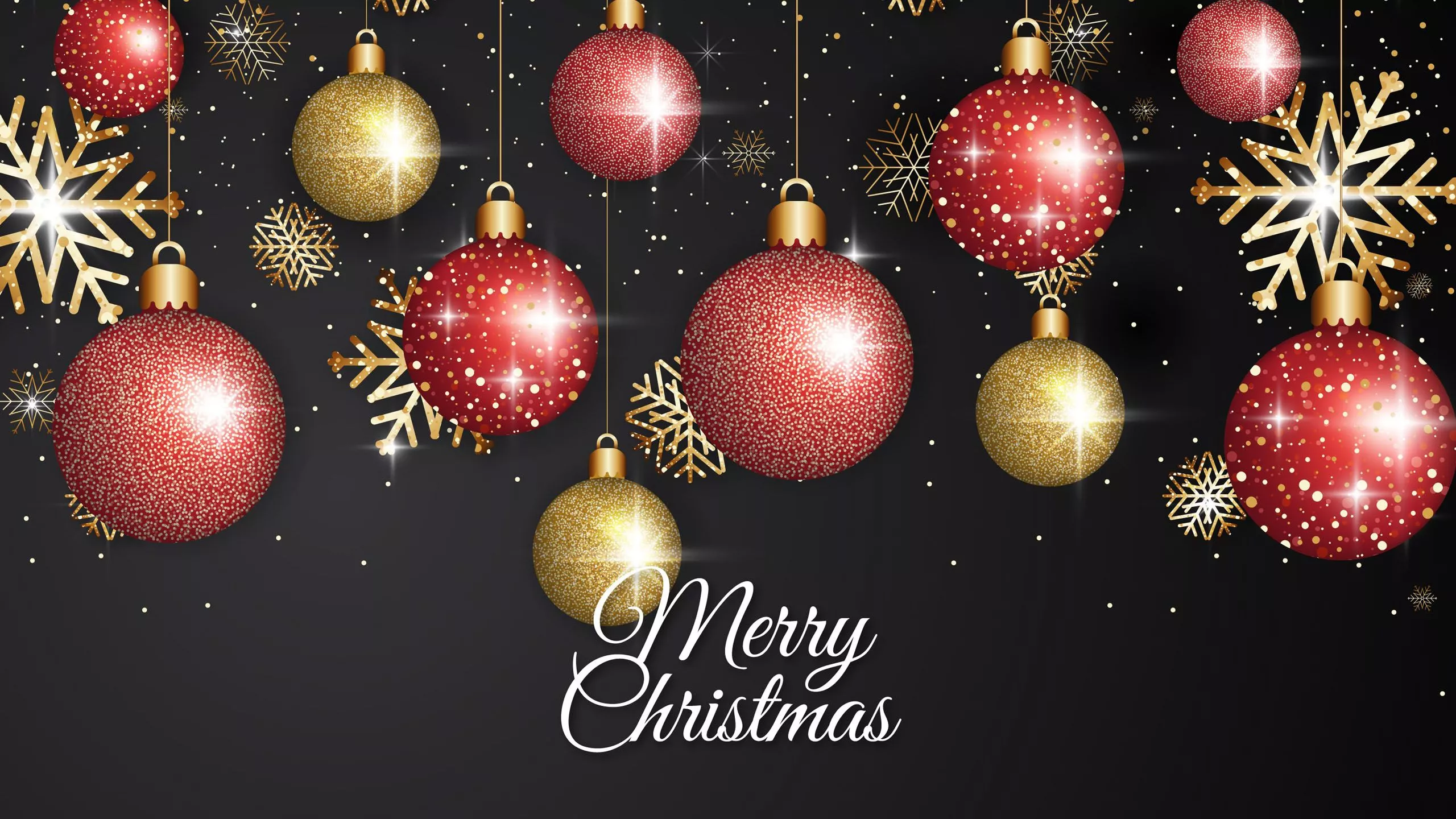 Red Golden Glitter Christmas Ornaments Snowflakes Black Background HD Christmas Wallpaper