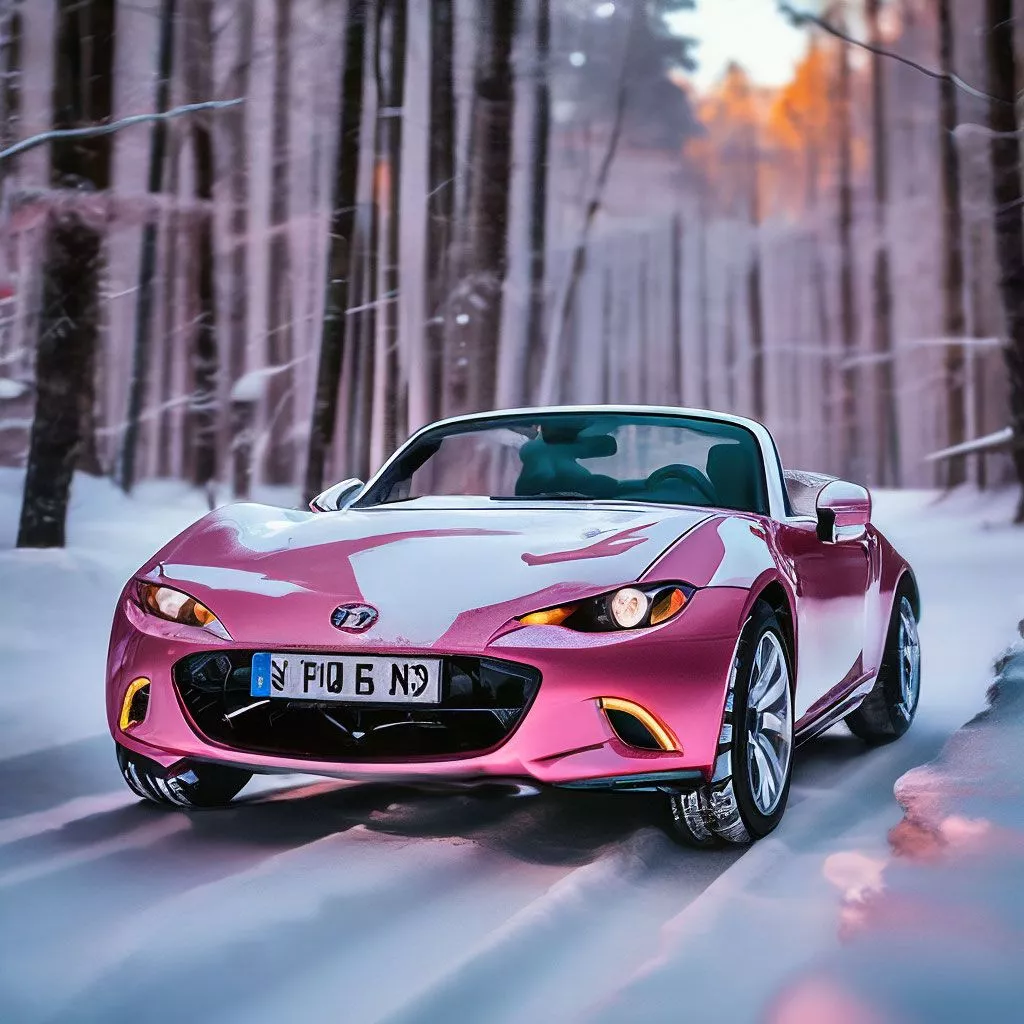 Pink Mazda MX 5 In A Snowy Forest