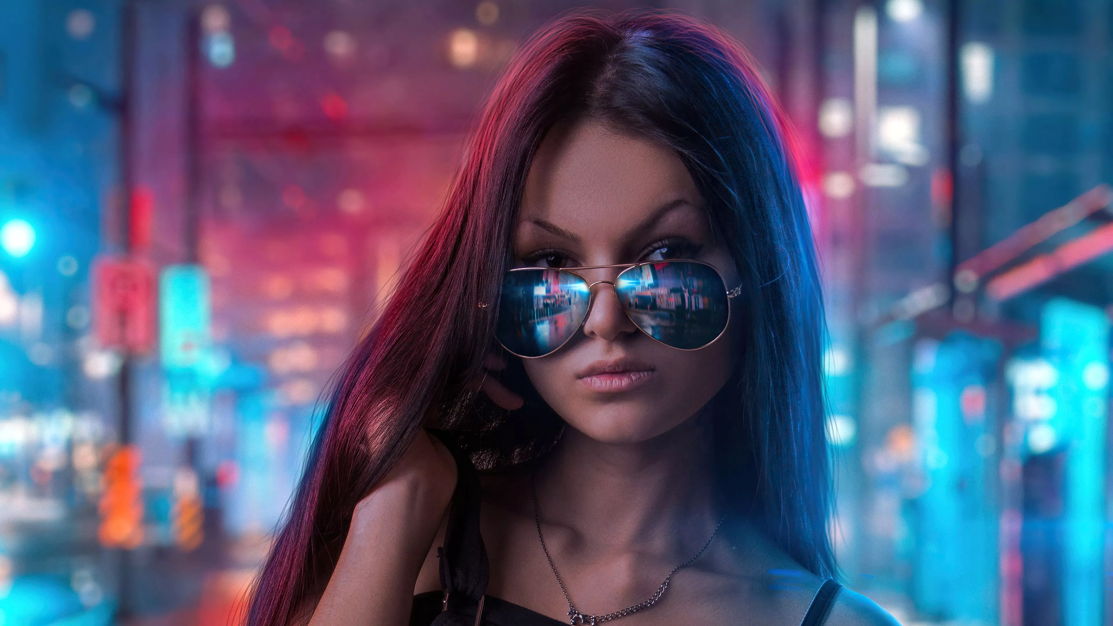 Girl Sunglasses Neon Lights City