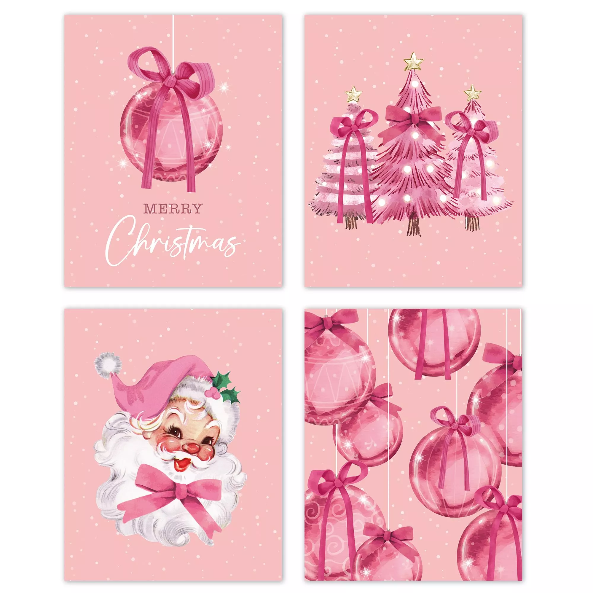 TLESKE Pink Winter Merry Christmas Coquette Bow Posters Prints Unframed Set of 4 for Teen Girls Dorm Bedroom Living Room, Santa Claus Christmas Ball Pine Trees Wall Art Prints Picture Decor