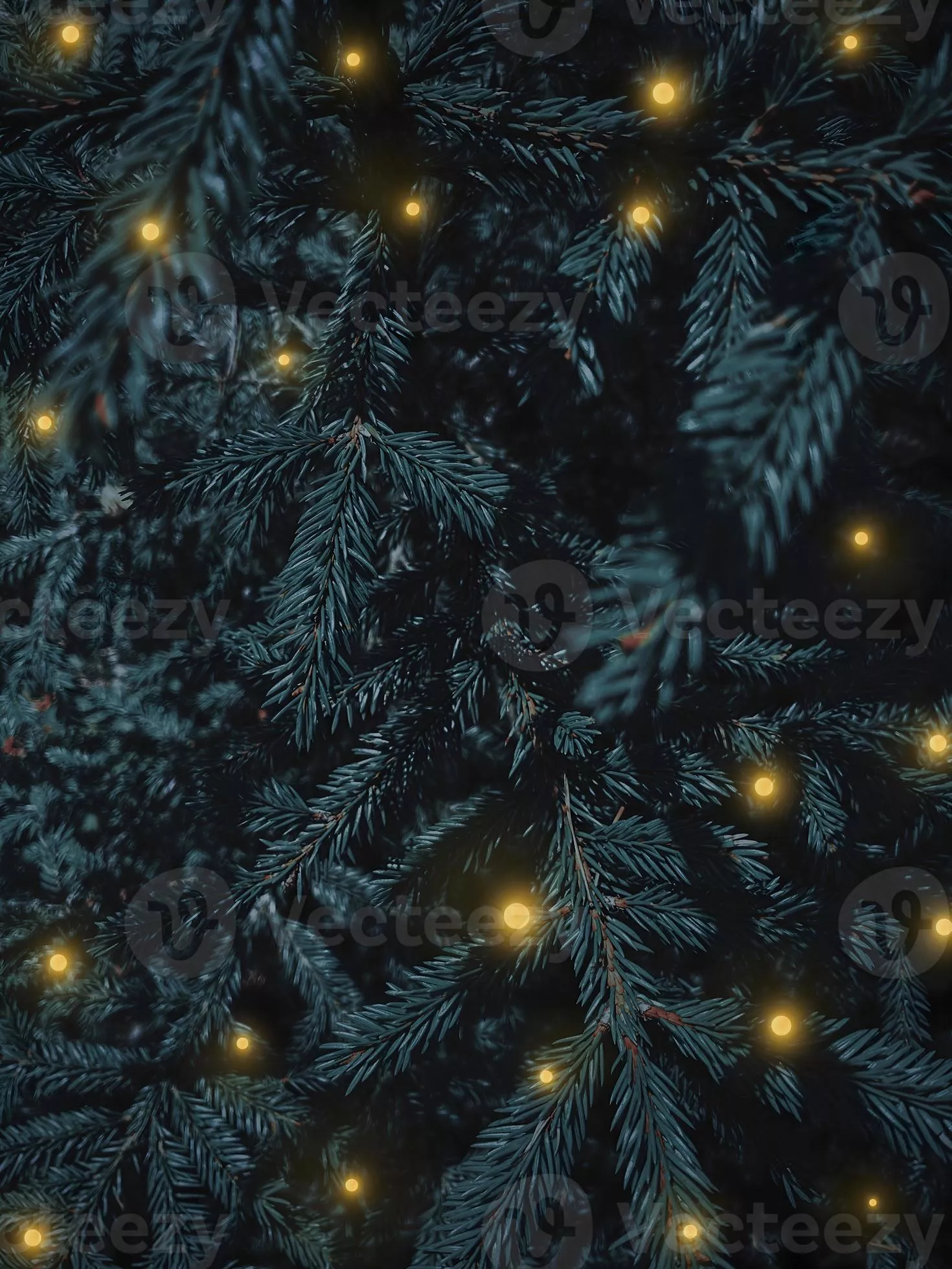 Christmas tree fluffy branches with gold shiny lights. Festive Xmas border of green branch of pine. Pattern spruce branch. New Year vertical background with space for text. Christmas wallpaper 14403843