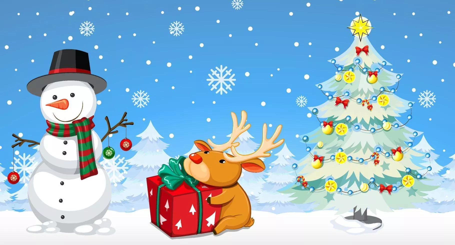 Christmas cartoon characters on snowy