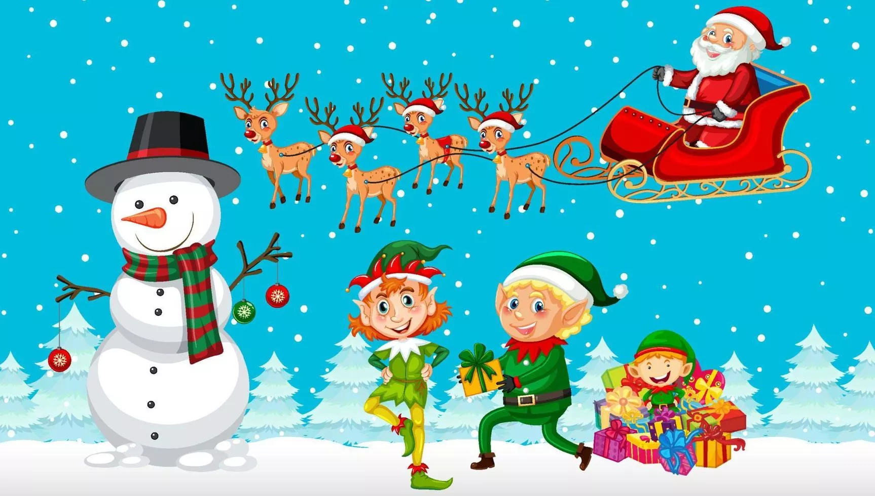 Christmas cartoon characters on snowy