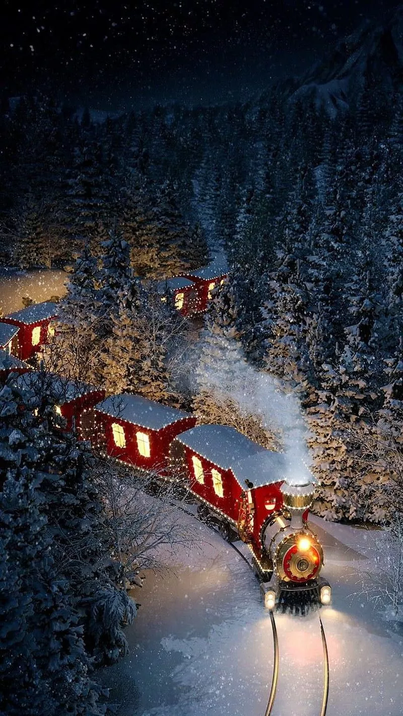 Winter Express, christmas, green, nature, red, snow, train, trees, woods, HD phone wallpaper