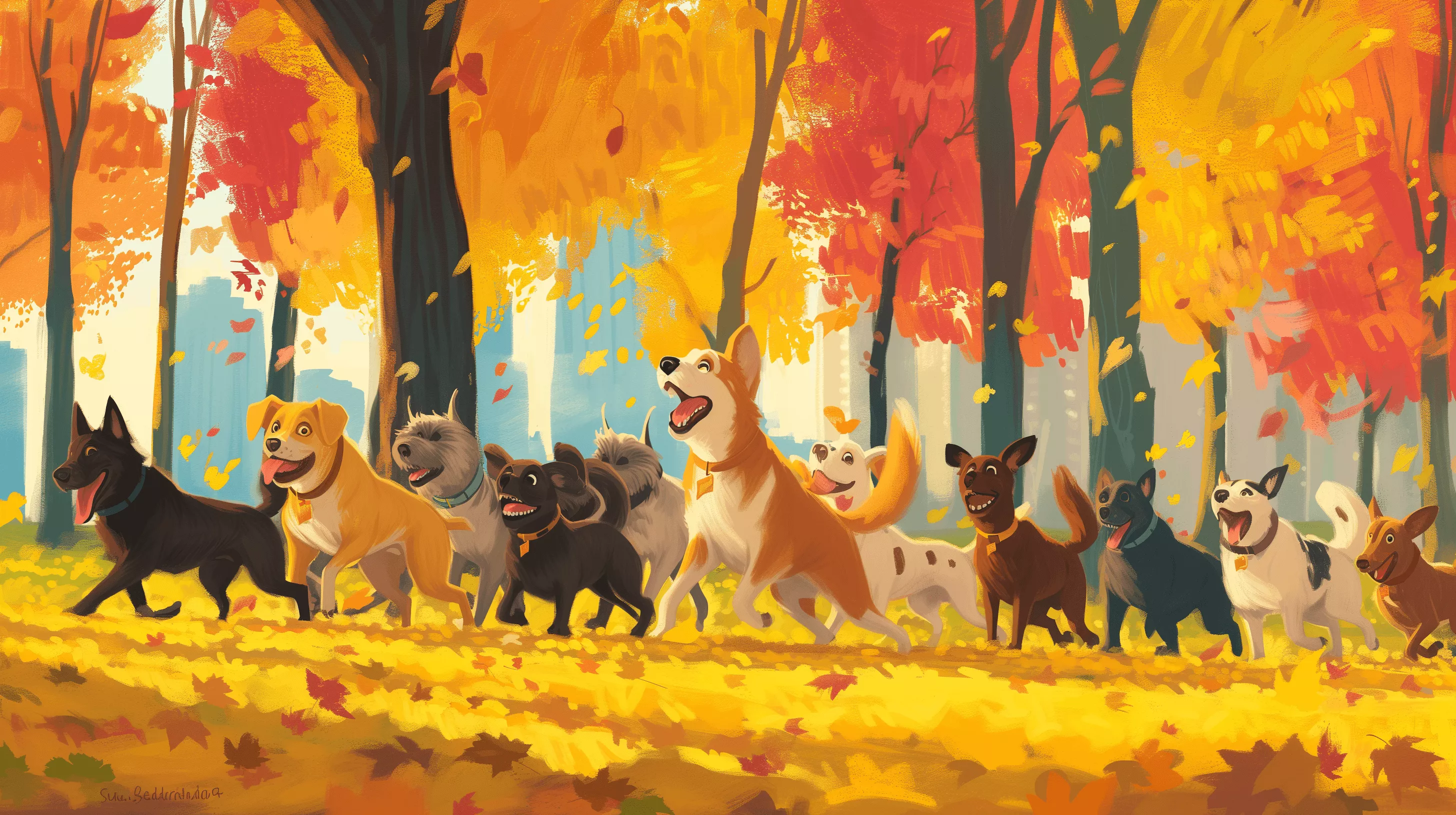Playful Dogs in Autumn Forest HD Wallpaper