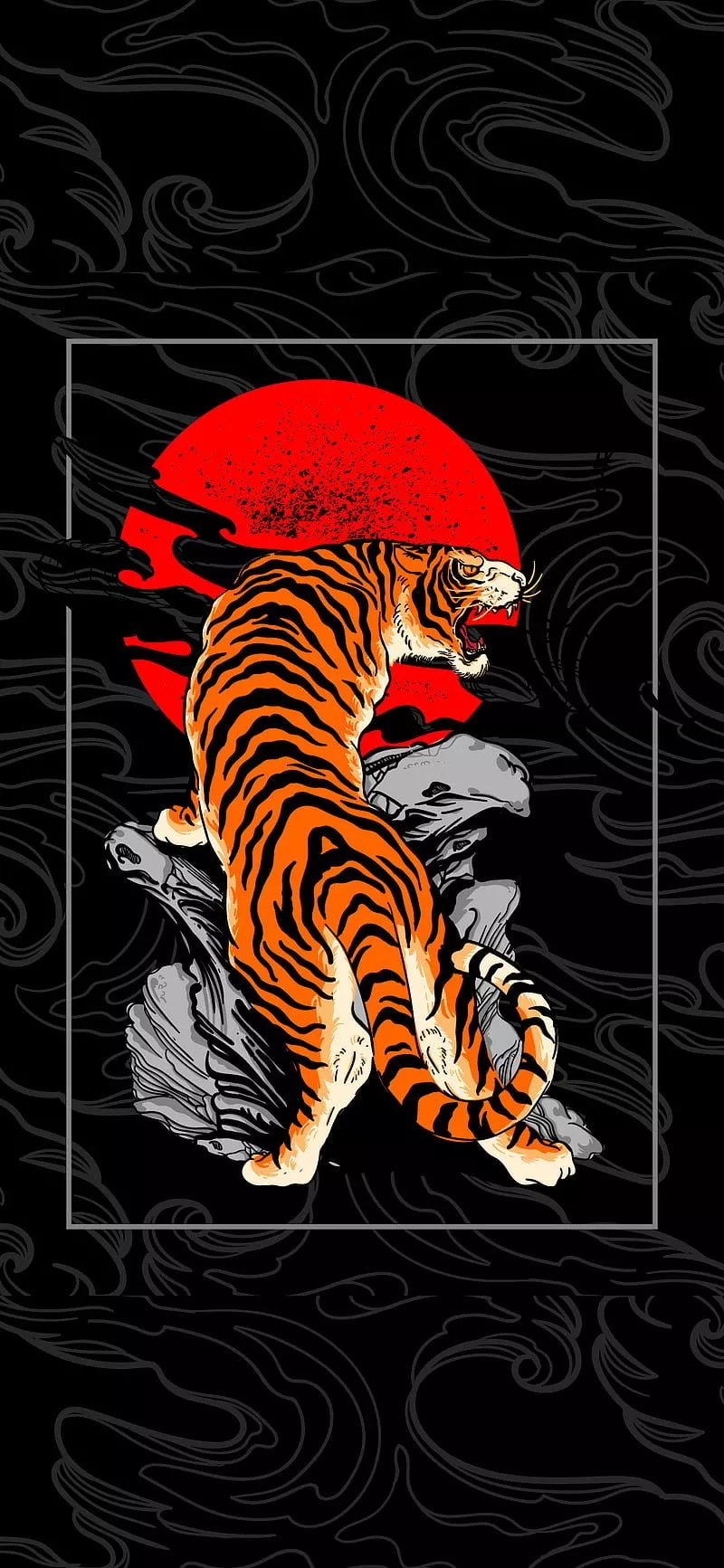 Tiger in Japan, red, moon, black, dark