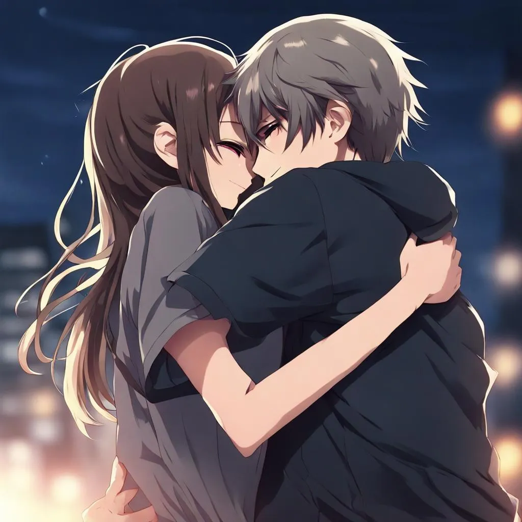 anime boy hugging a girl from behind
