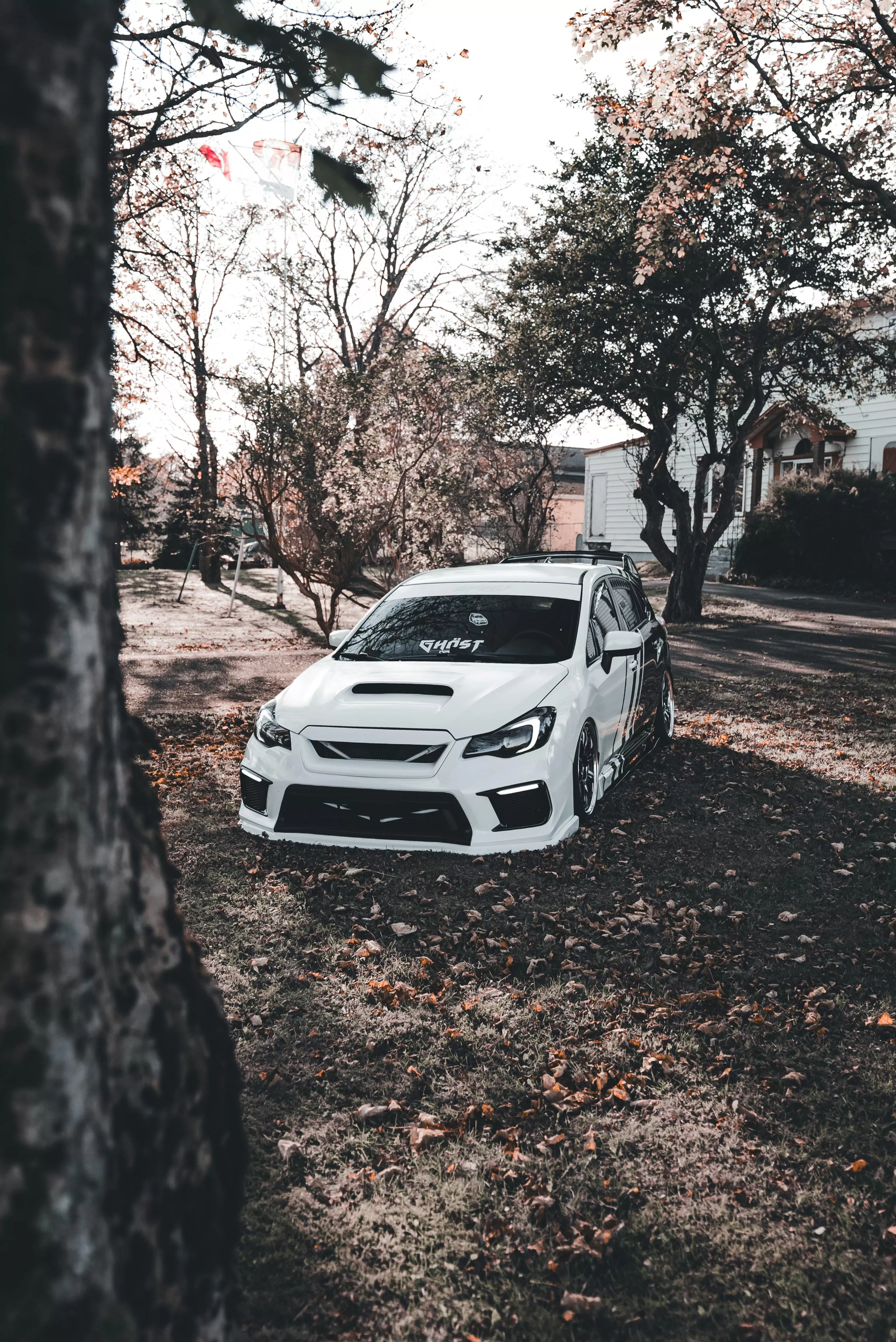 White sports car in autumn landscape