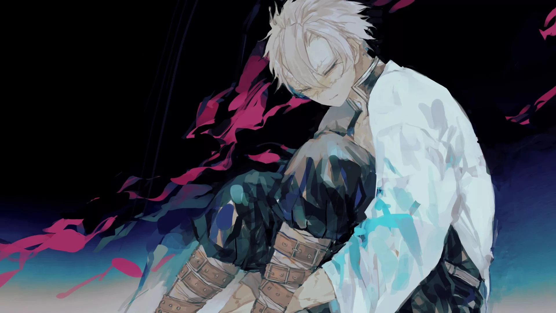 Demon Slayer Sanemi Shinazugawa Sitting With Black Pant And White Shirt With Background Of Black And Pink Abstract HD Anime Wallpaper