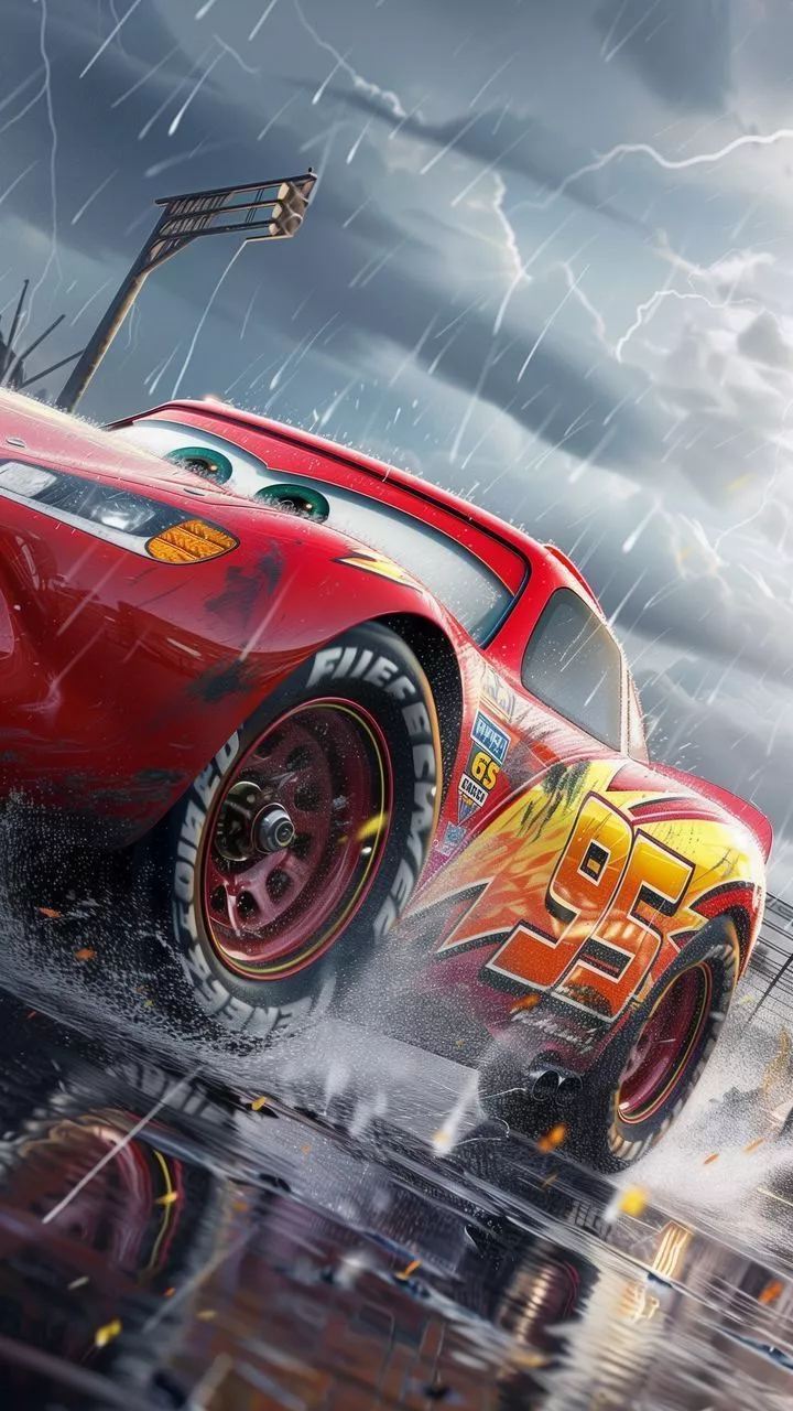 free wallpaper 4K lightning mcqueen, cars, cartoon, sports car, car, rain, art for mobile and desktop