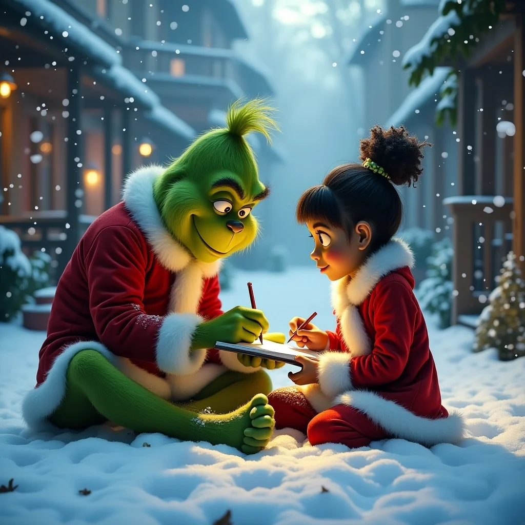 Grinch and a Child Writing in the Snow
