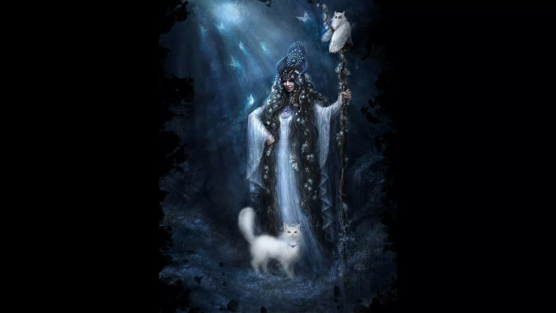 HD Wallpaper of a Witch with Mystical Cats