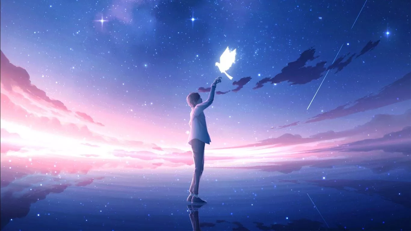 Anime Boy Pigeon Bird Stars Blue Sky HD