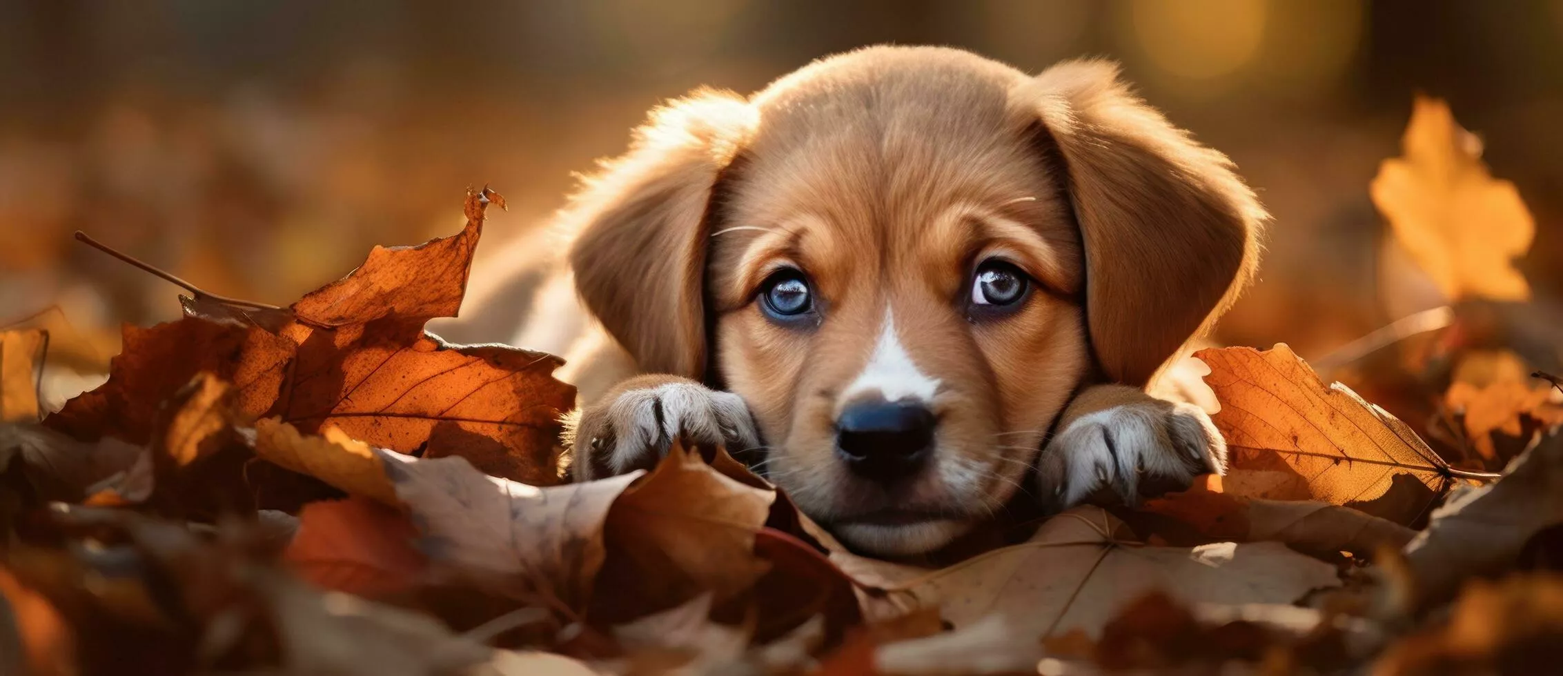 Dog in autumn leaves background