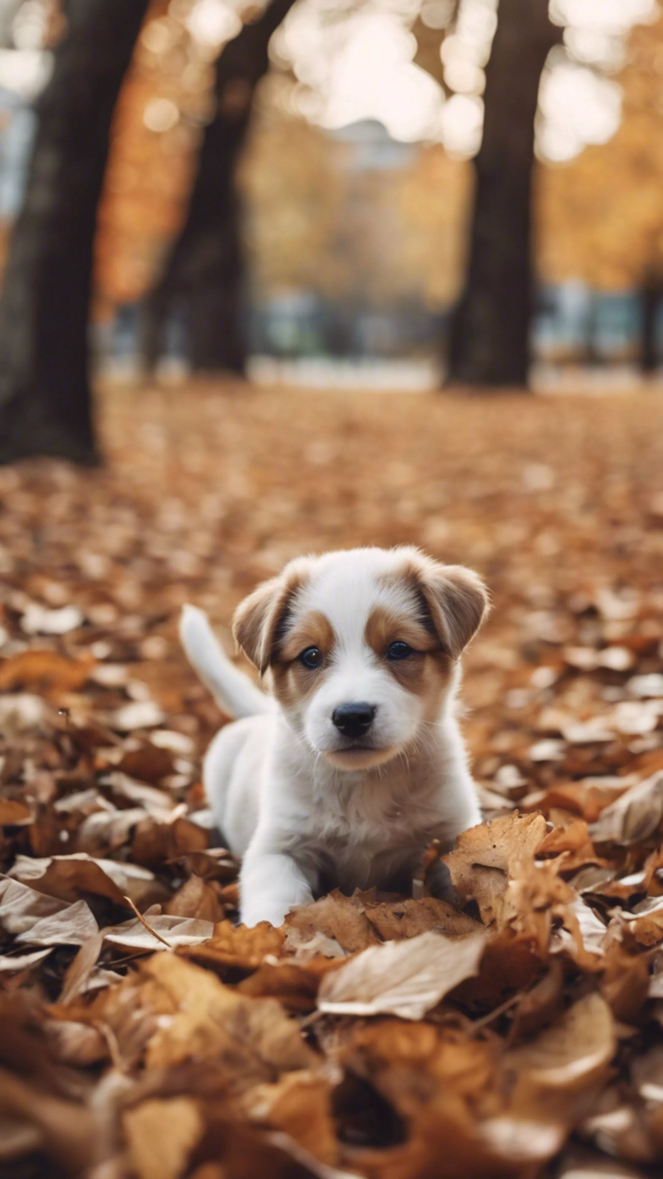 A playful puppy chewing on a fallen