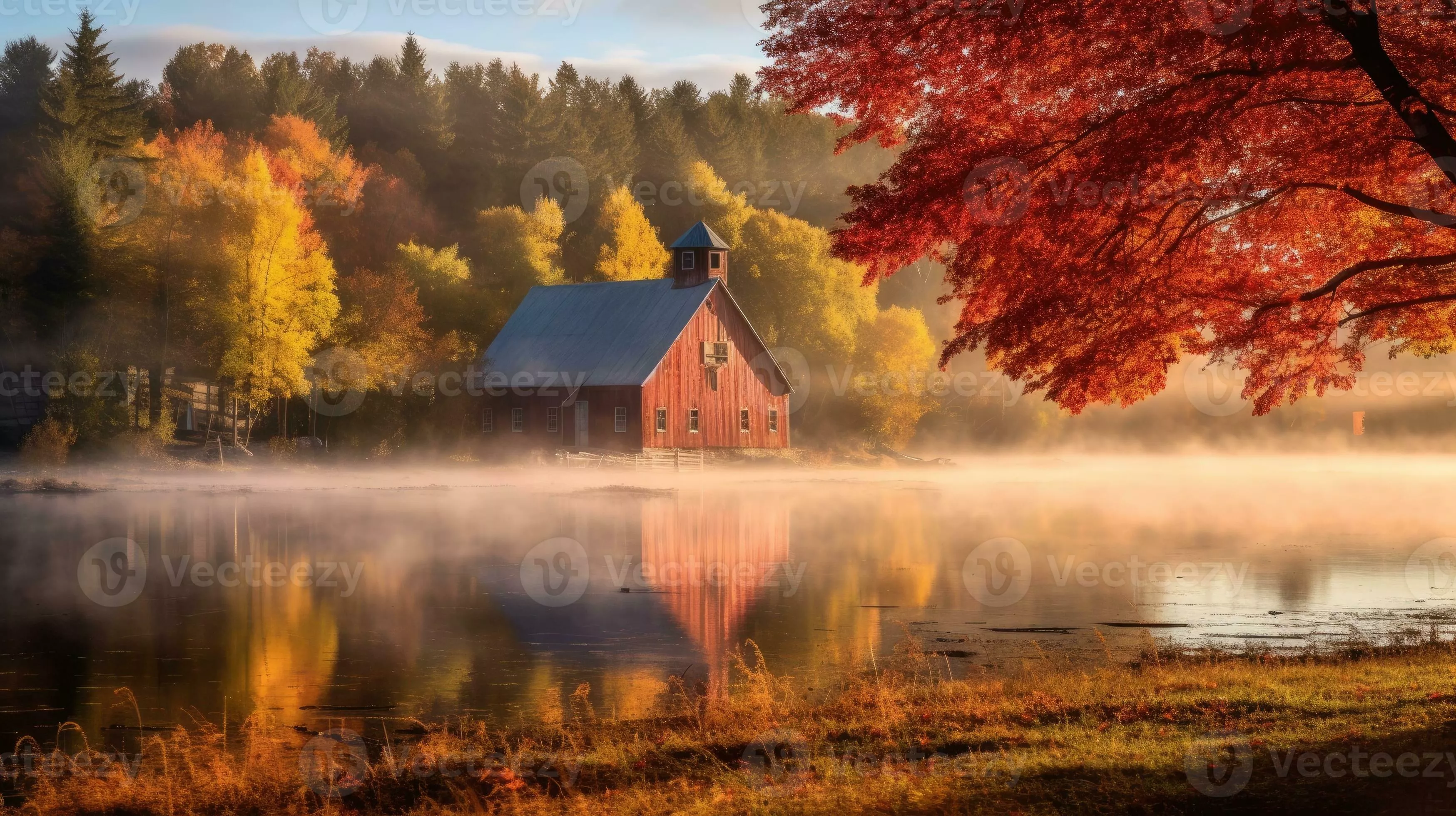 fall farmhouse lake sunset peaceful