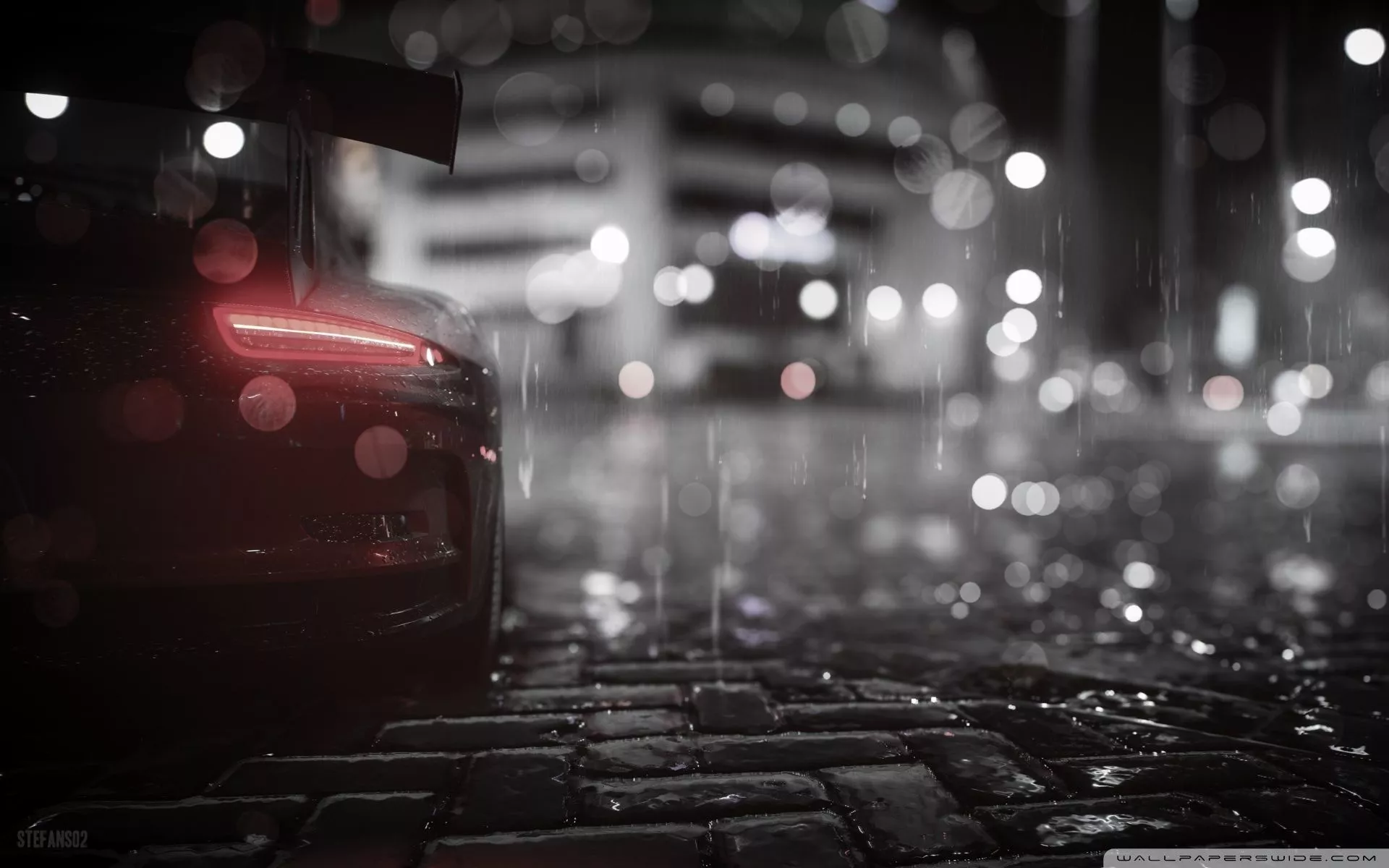 Supercar, Night Rain, City, Bokeh