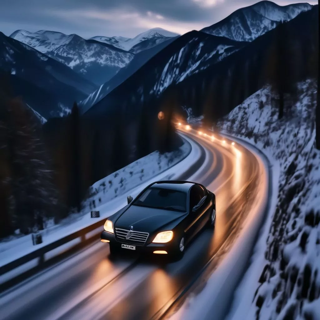 Snowy highway in the mountains