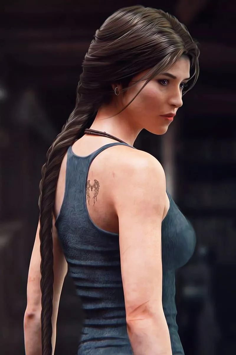 Lara Croft, tattoo, skinny, long hair