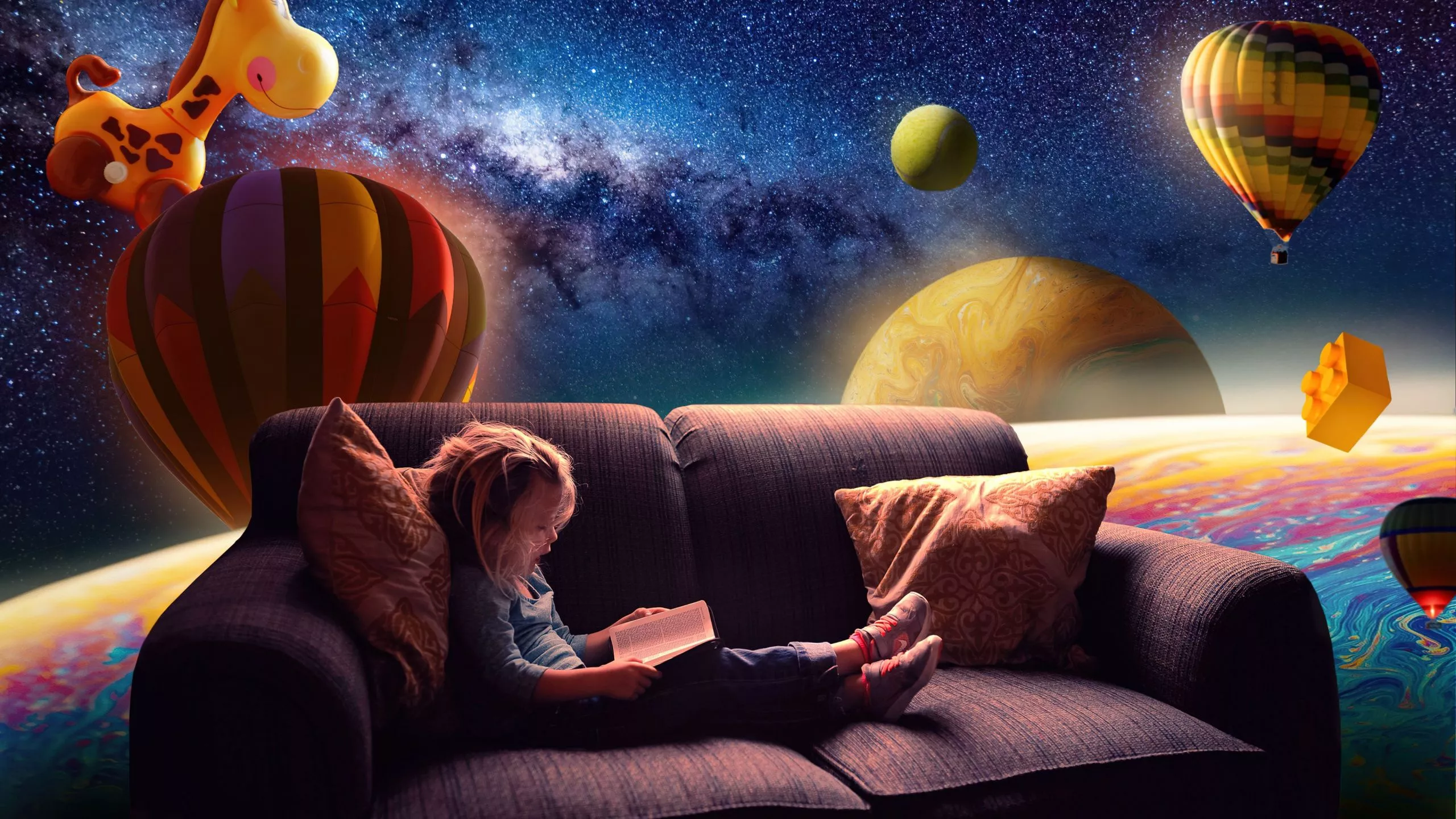 Cute Girl Reading book on Couch 4K