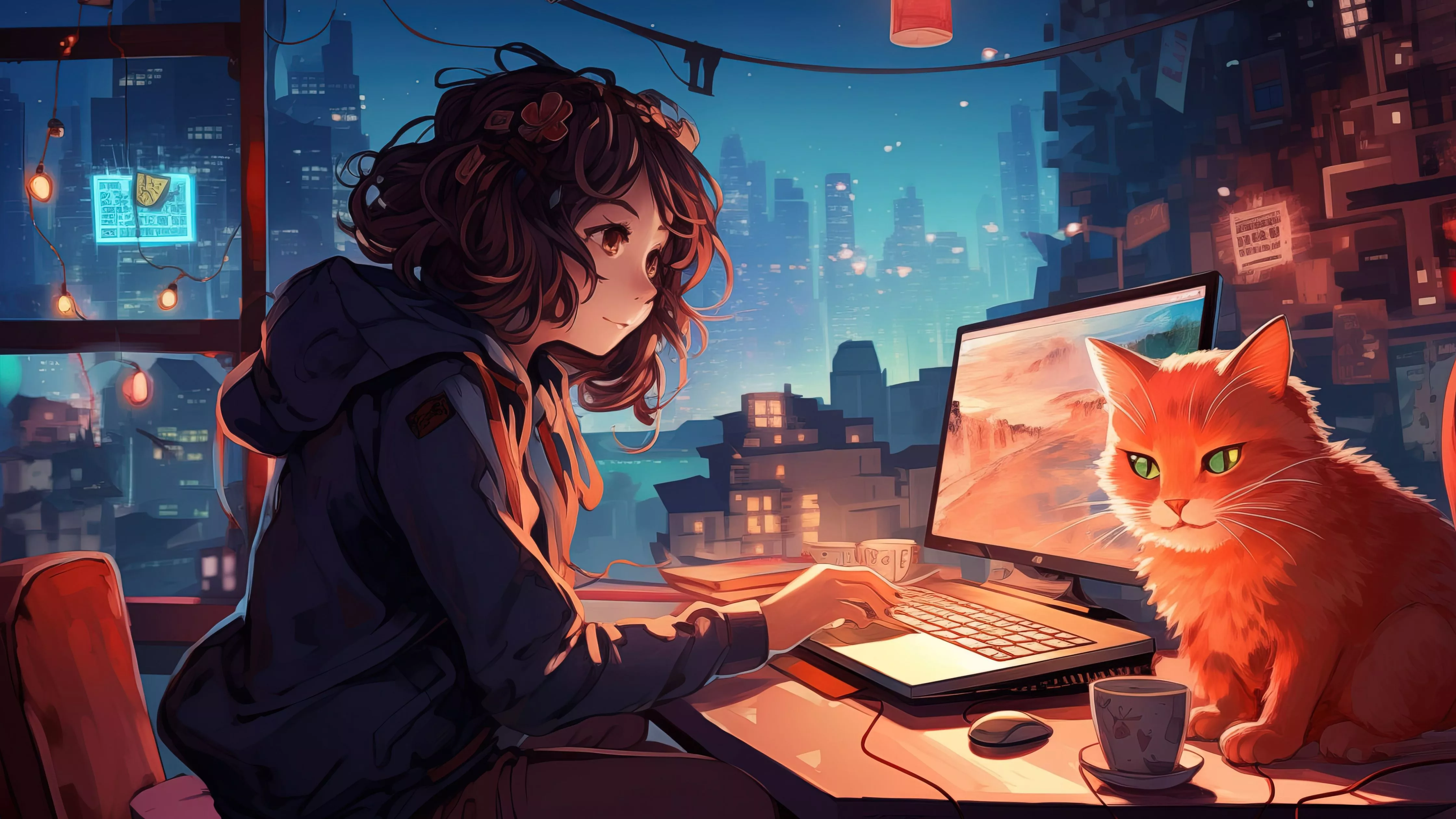Lofi girl Wallpaper 4K, Working, Night