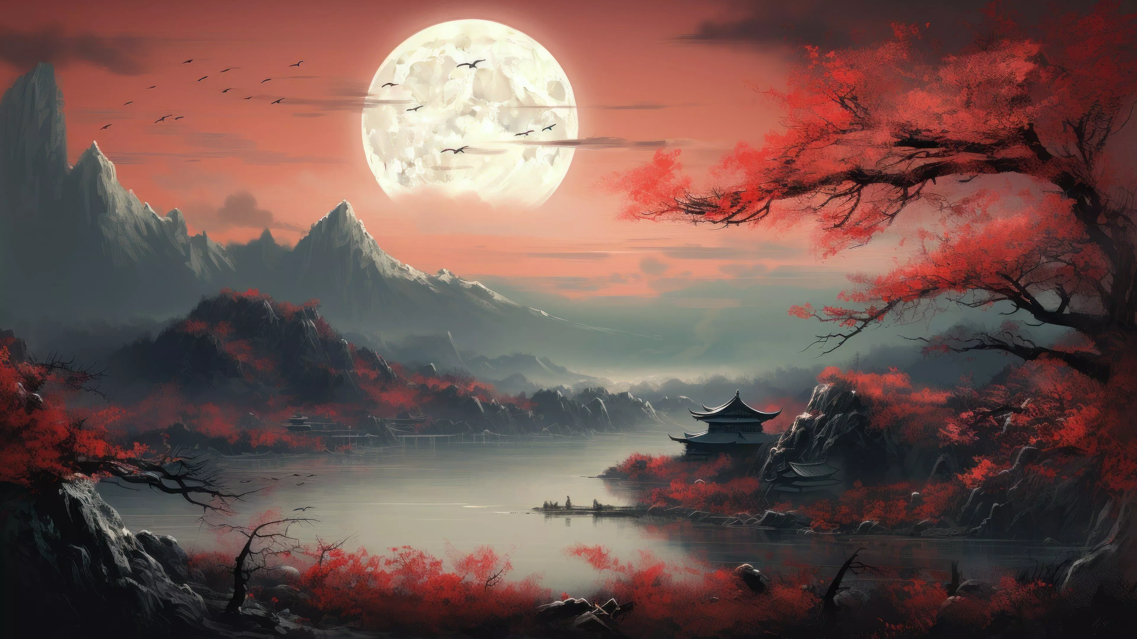 Moon River Japanese Painting 4K