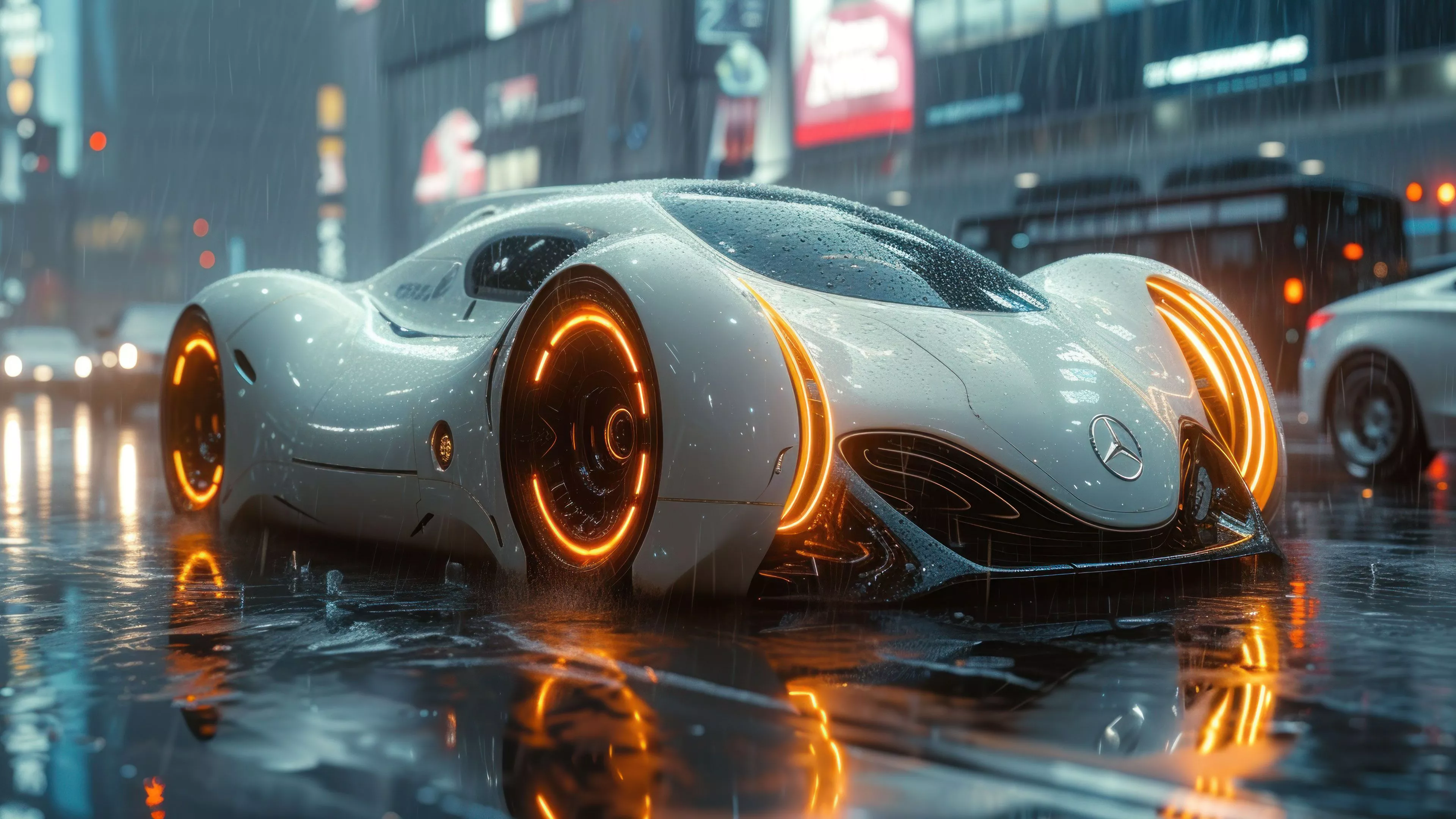 Sci Fi Futuristic Mercedes Car In Rain