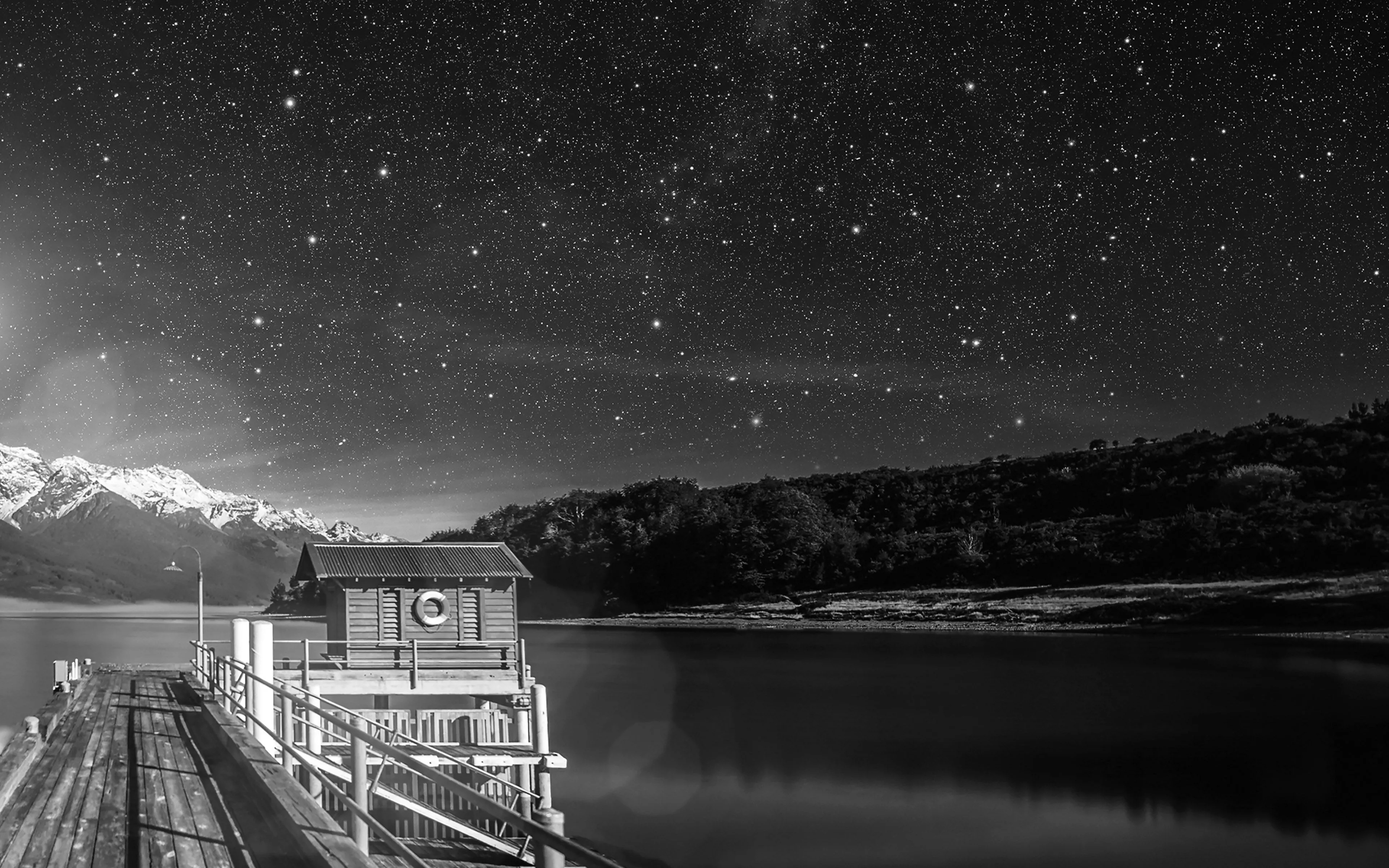 Star Shiny Lake Dark Bw Sky Space