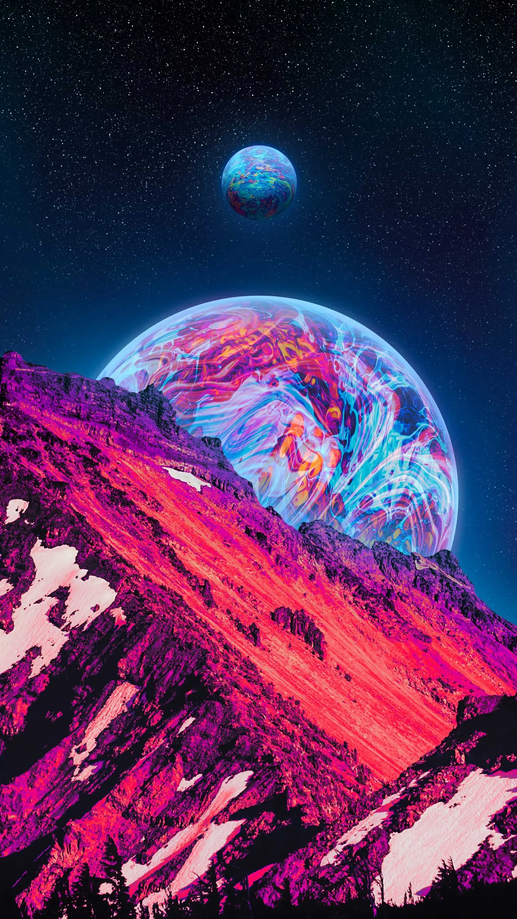 Neon Glowing Planets Landscape Galaxy