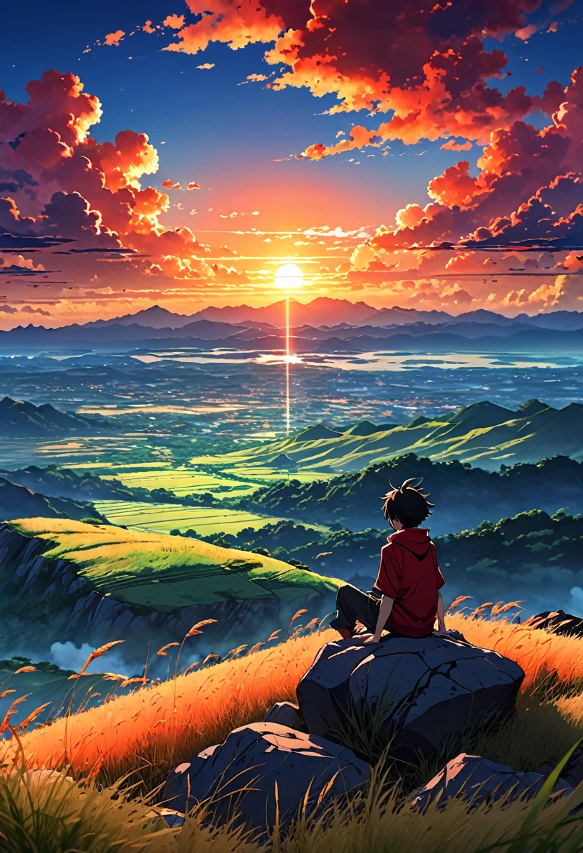 Anime landscape of a boy on a hill