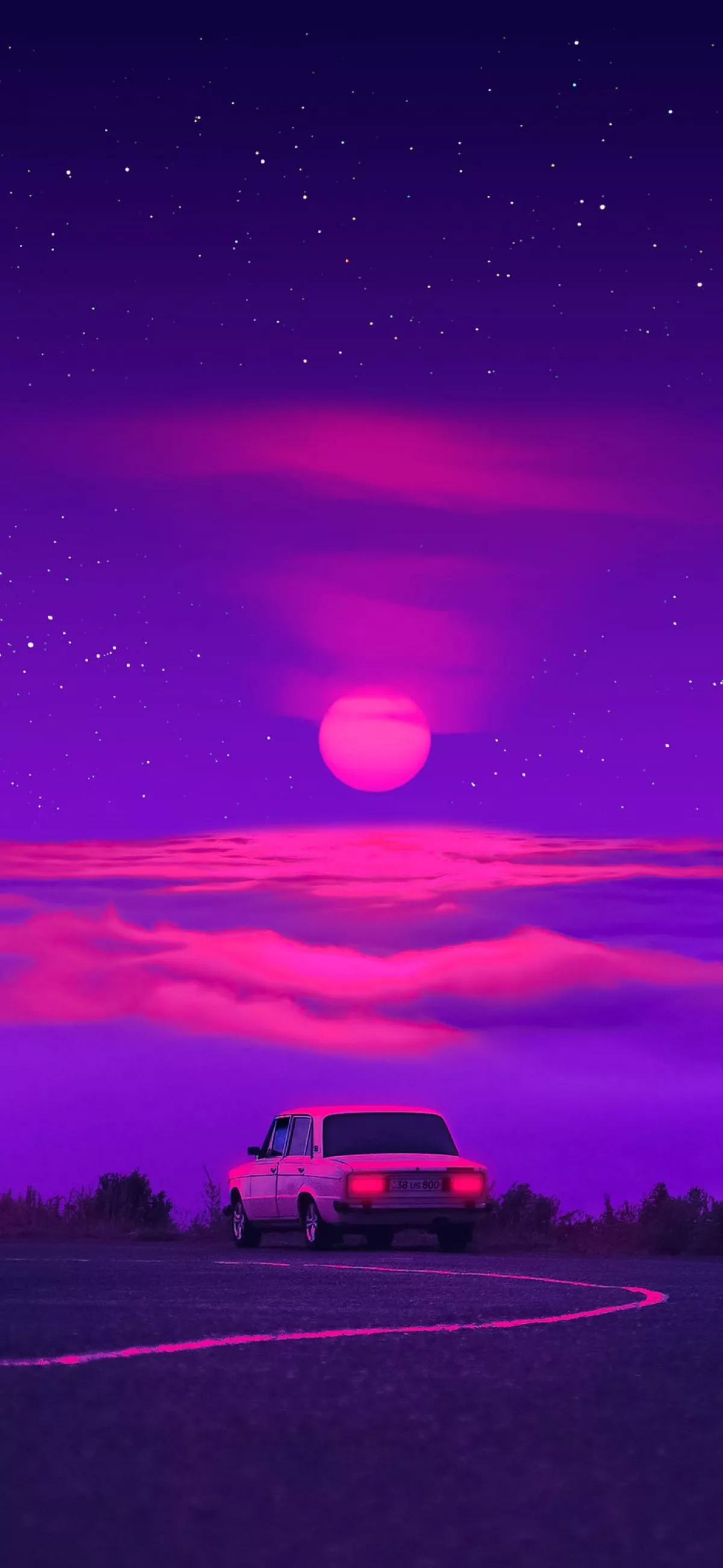 Car Driving At Sunset With A Purple Sky