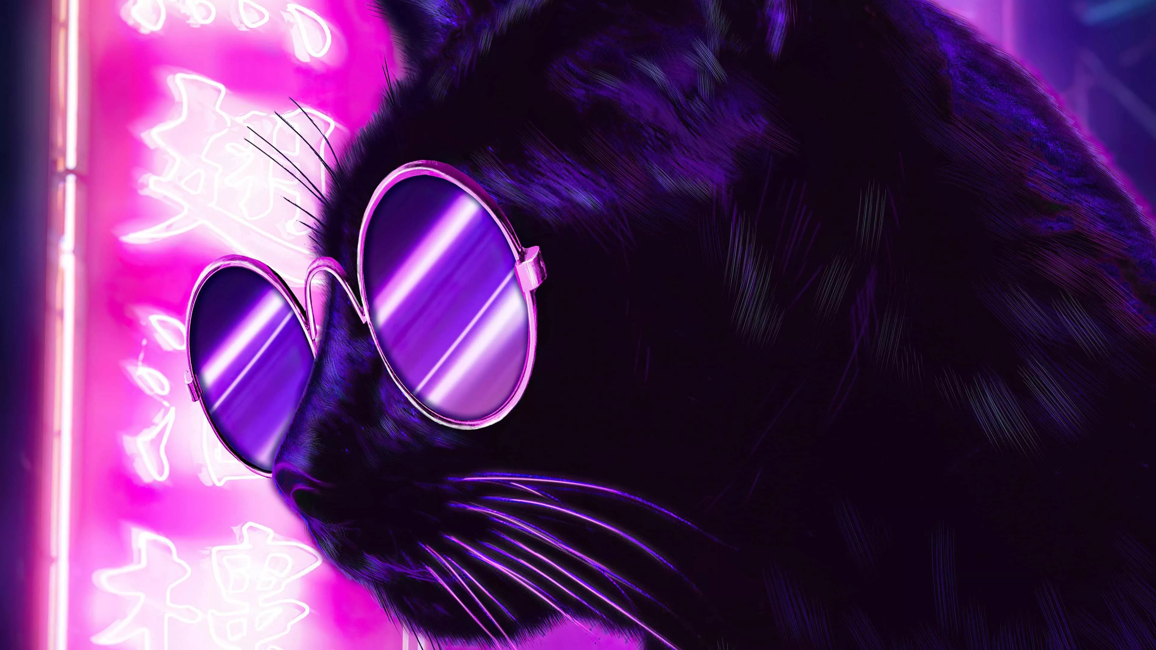 Neon Cat With Glasses Pink Lights