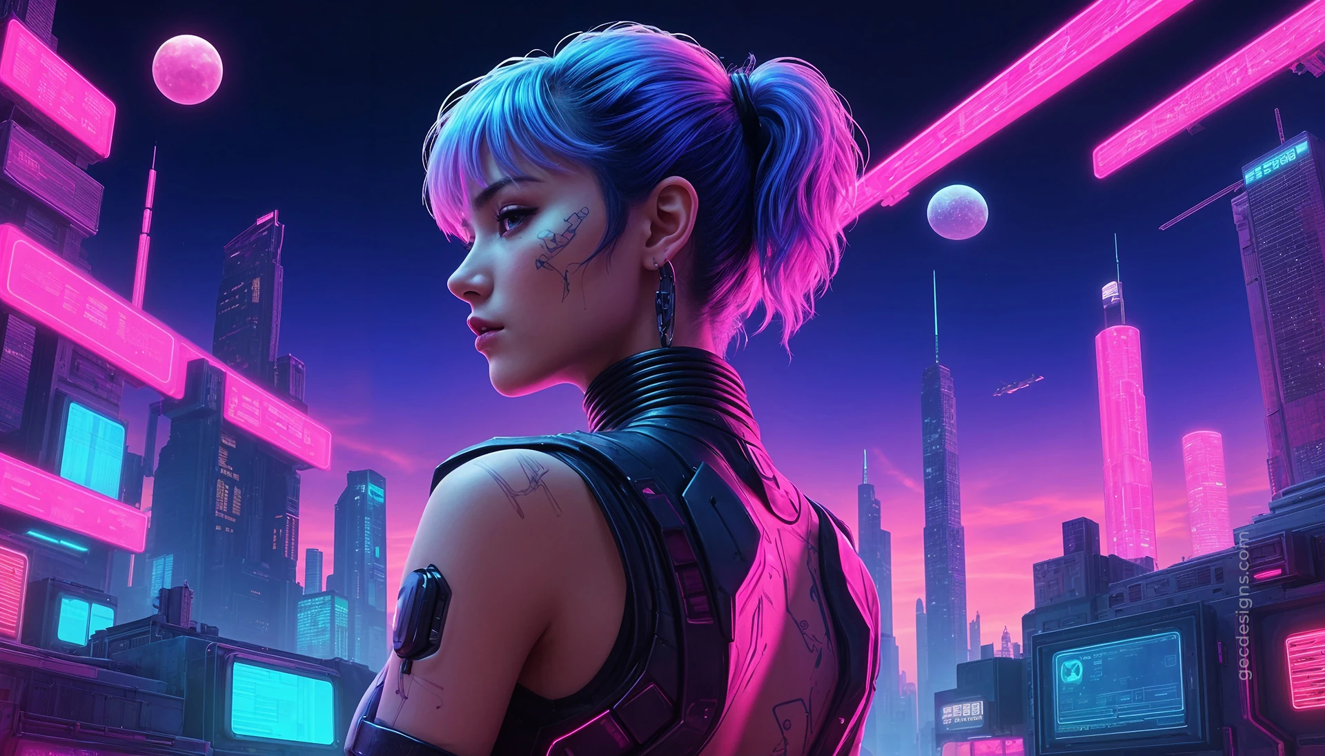 Anime Cyber Girl, Neon City Wallpaper Image