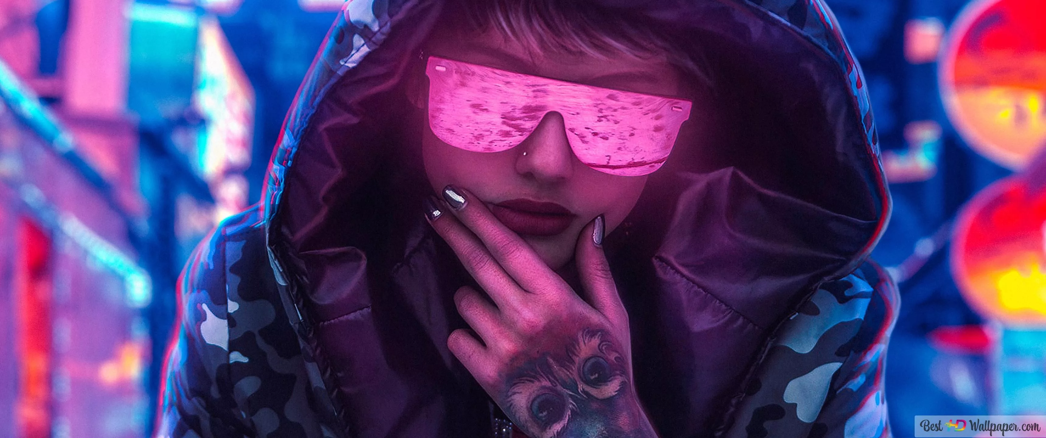 Tattoo Girl in Neon Glasses 4K