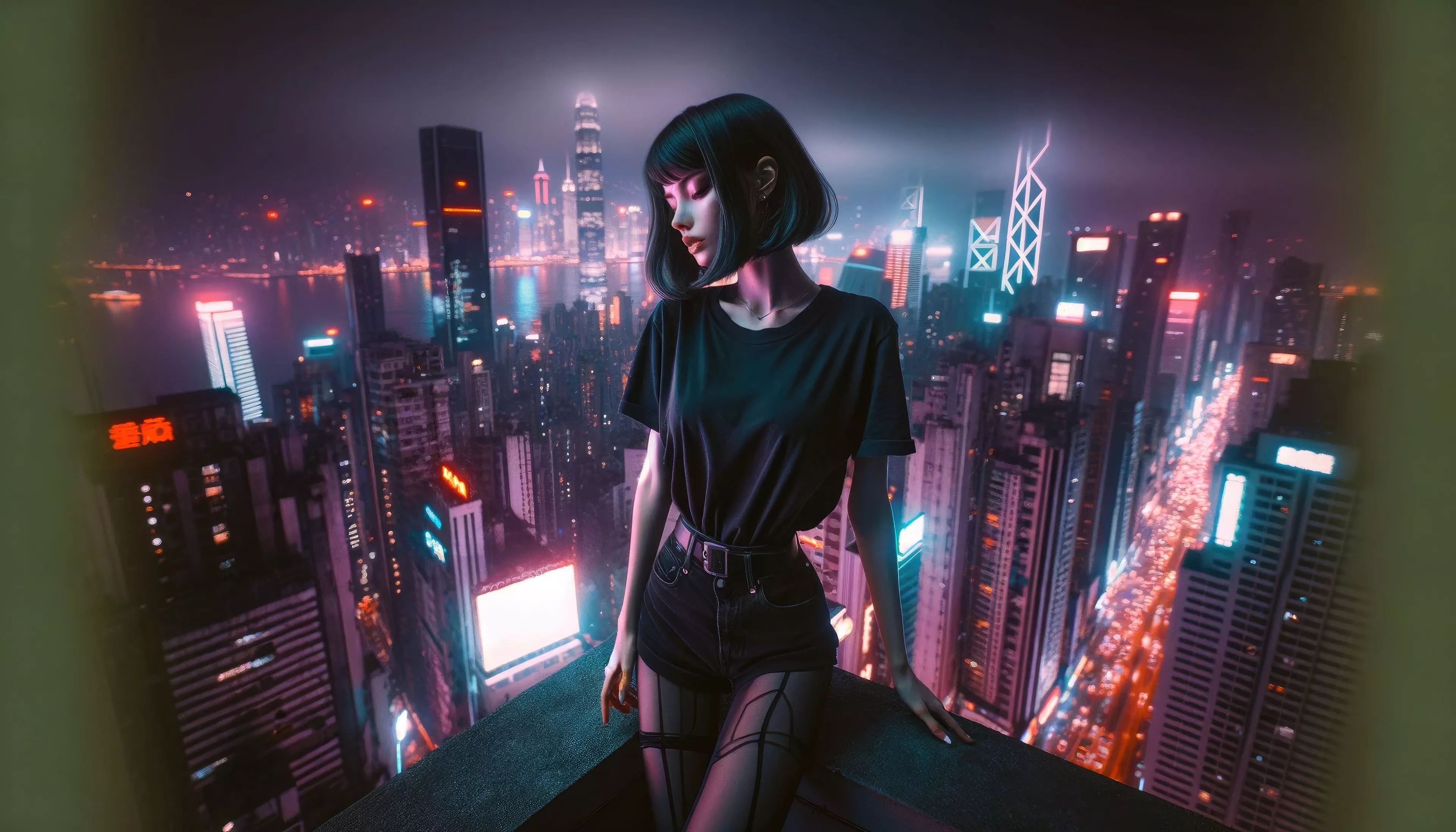 Wallpaper girl, short hair, neon, asian