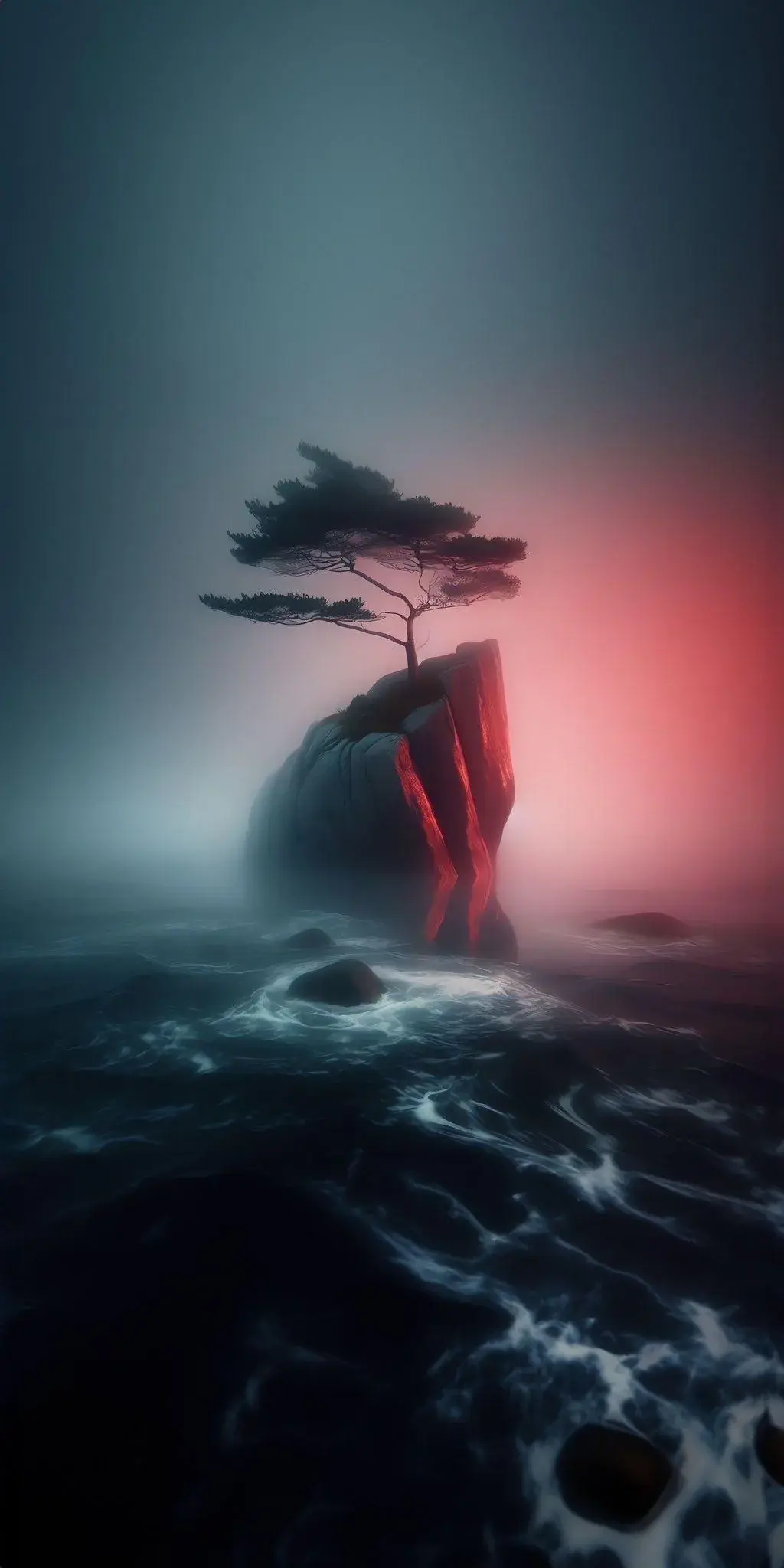 Glowing Cliffside Tree Crashing Water
