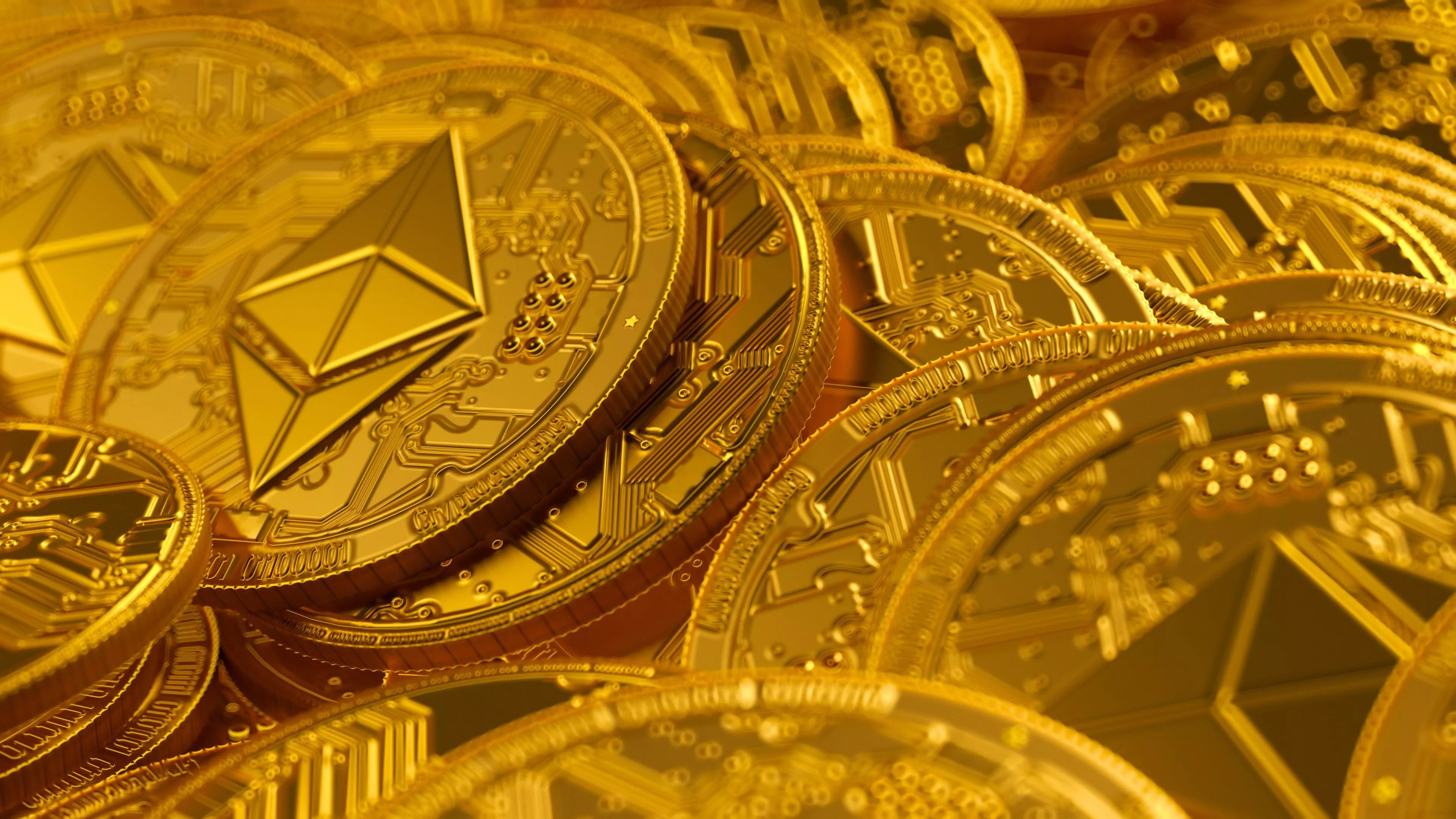 Cryptocurrency Ethereum Gold Coins 4K