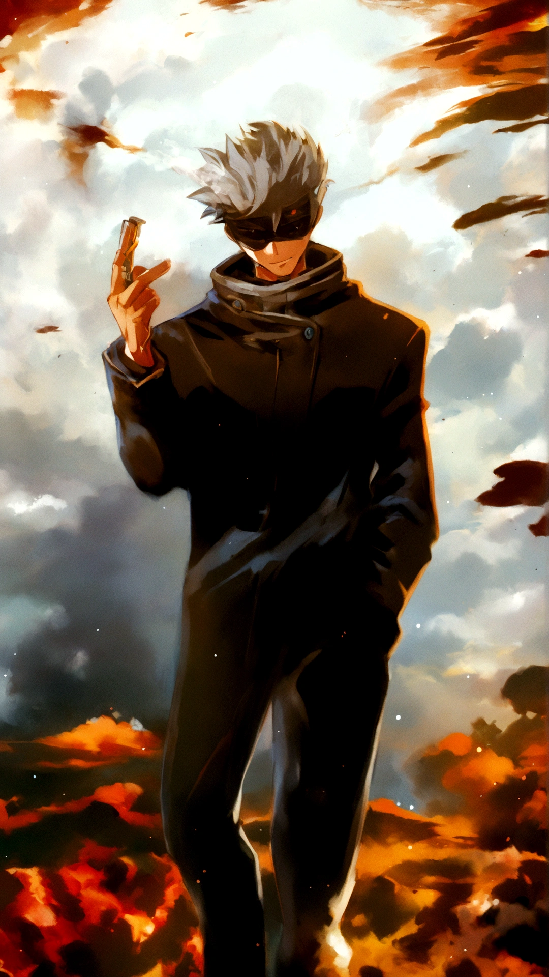 An anime character with a black coat