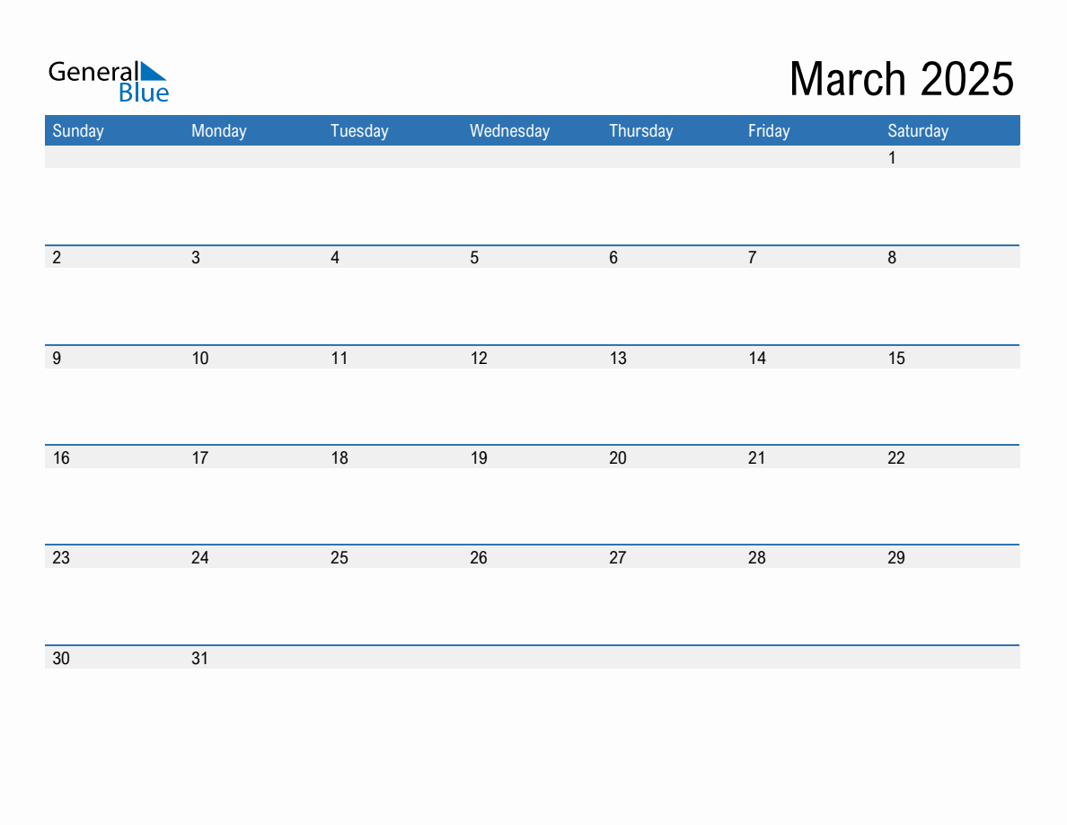 March 2025 Monthly Calendar PDF, Word