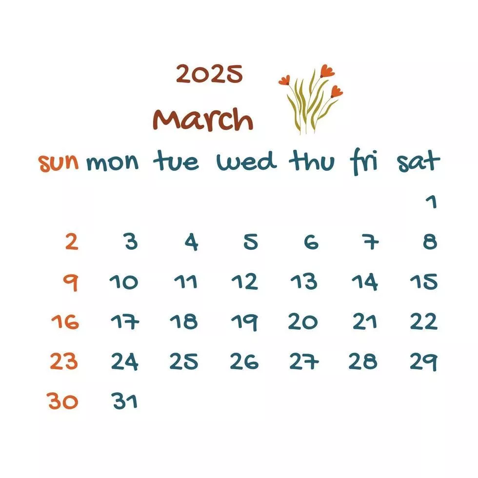 2025 march calendar with red flowers