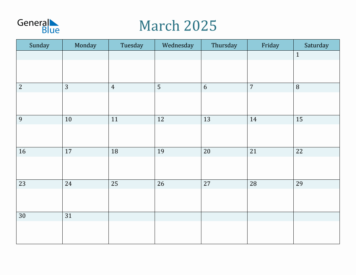 March 2025 Monthly Calendar
