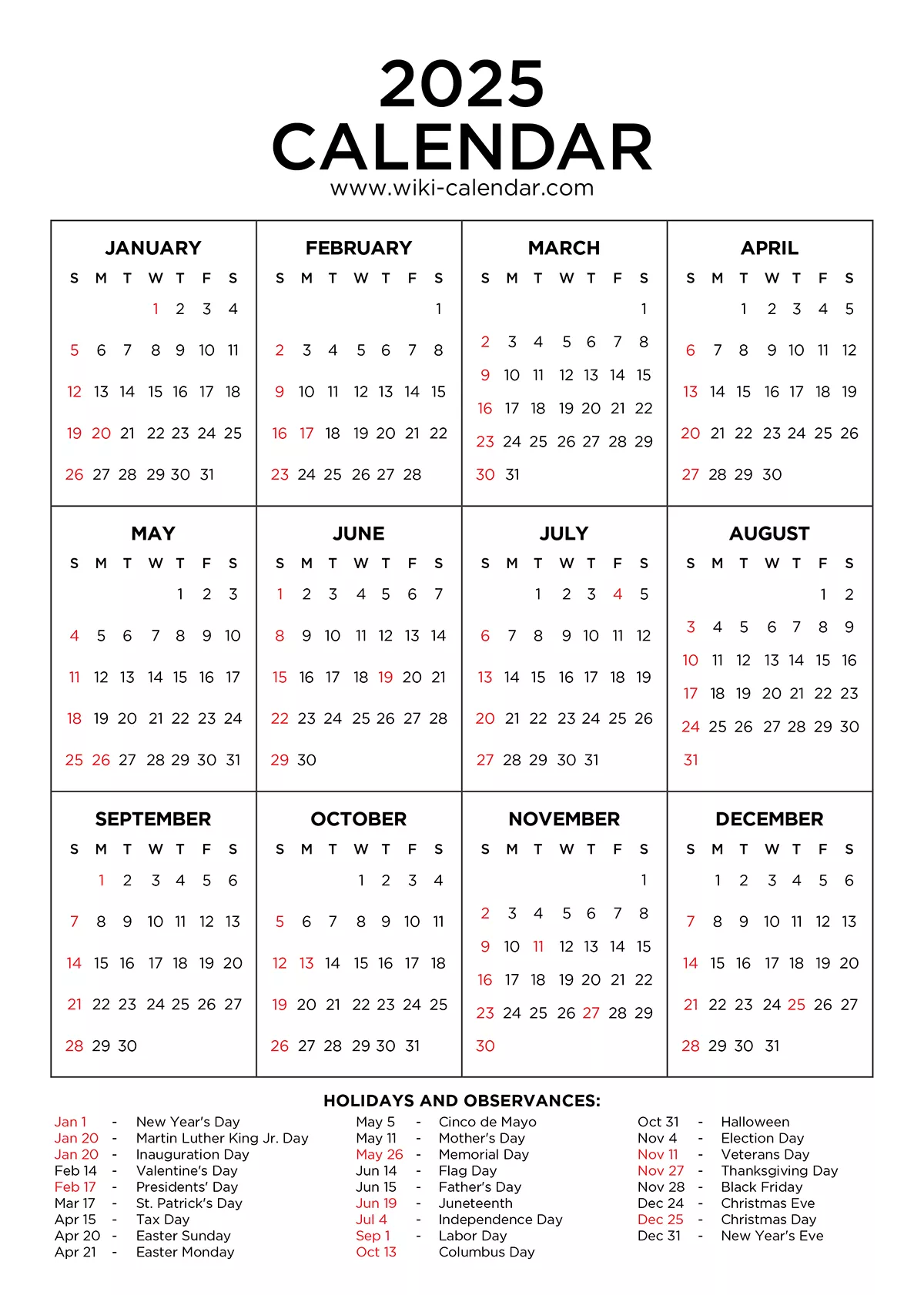 Year 2025 Calendar Printable